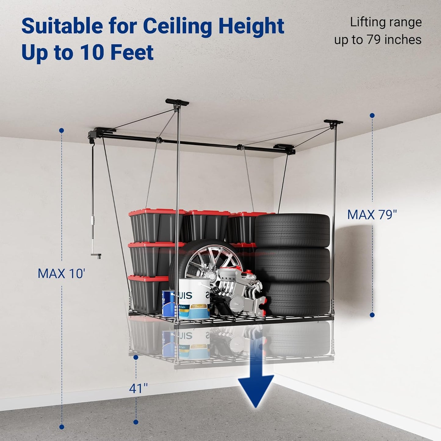 FLEXIMOUNTS Overhead Garage Storage Rack Lift, 4x4 Ft Heavy-Duty Garage Ceiling Storage Racks, Adjustable Organization System With 71'' L Axle, 300lbs Load Capacity, Flat Black