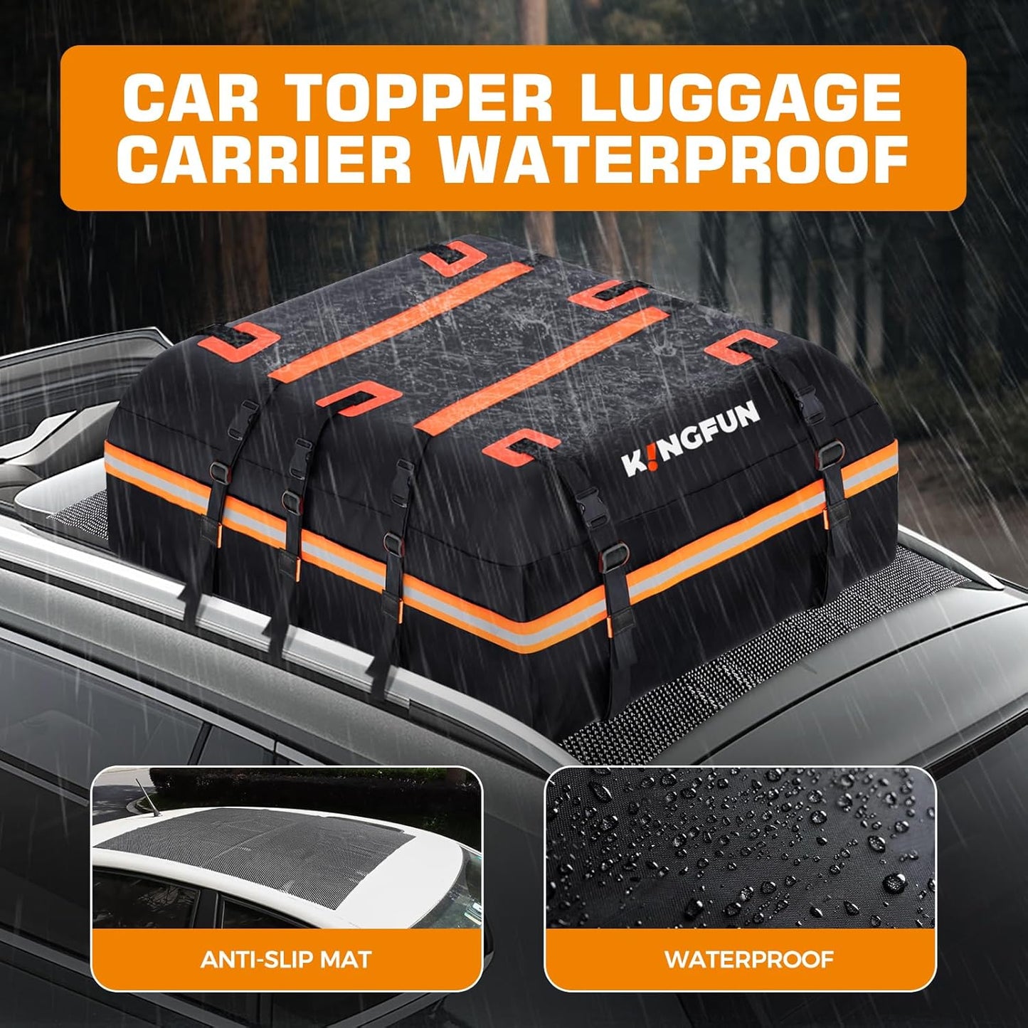 Kingfun Car Rooftop Cargo Carrier – Waterproof 20 Cubic Feet Car Roof Bag Fit All Vehicles with/Without Roof Racks, Includes Anti-Slip Mat, 8 Reinforced Straps & 6 Door Hooks, Luggage Locks