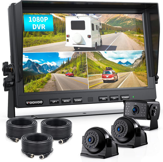 Fookoo HD 1080P 10" Wired Backup Camera System, 10" Triple Split Screen Monitor W/Recording, IP69 Waterproof Side & Rear View Cameras, 4 Channel, Parking Lines, RV/Truck/Trailer/5th Wheel (DY103)