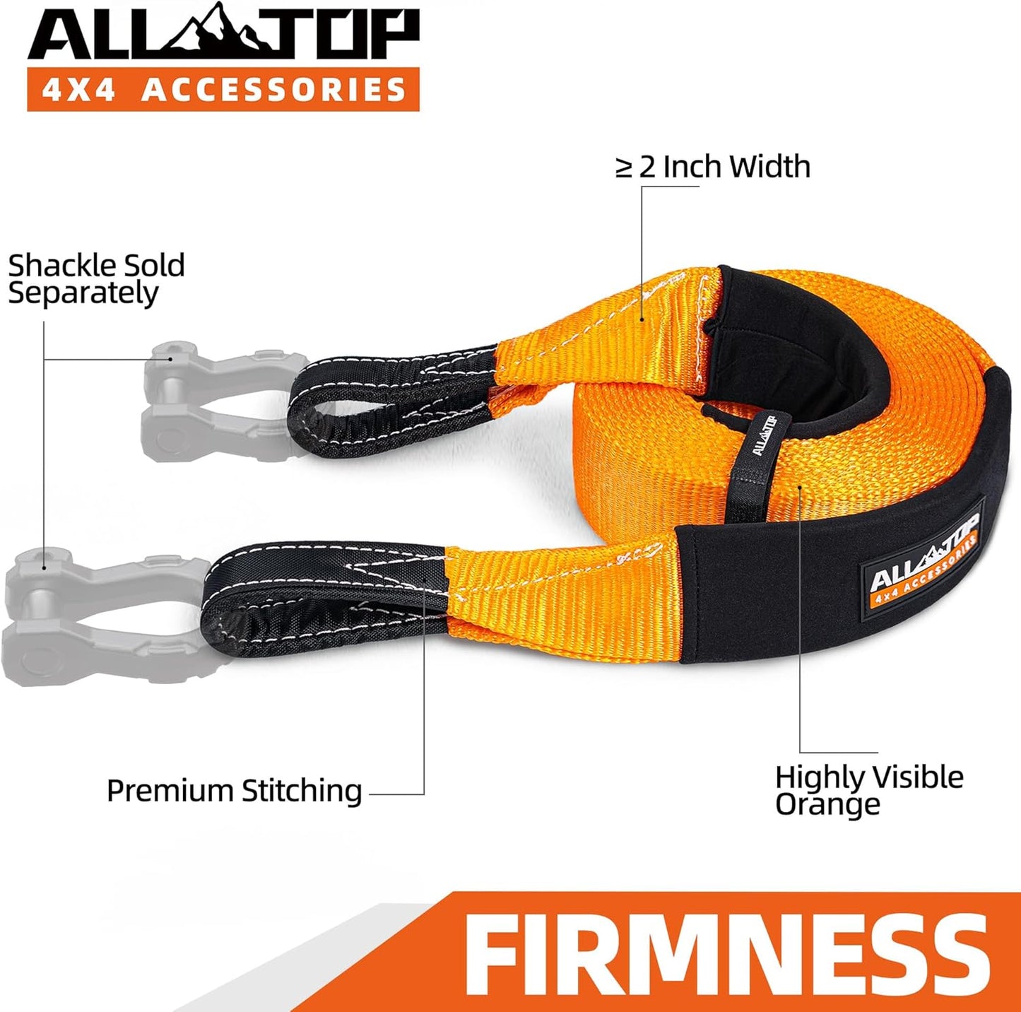 ALL-TOP Recovery Snatch Strap, 4in x 20ft - 46500Lbs, Extreme Duty 100% Nylon Kinetic Towing Recovery Strap with 22% Elongation & Reinforced Loops