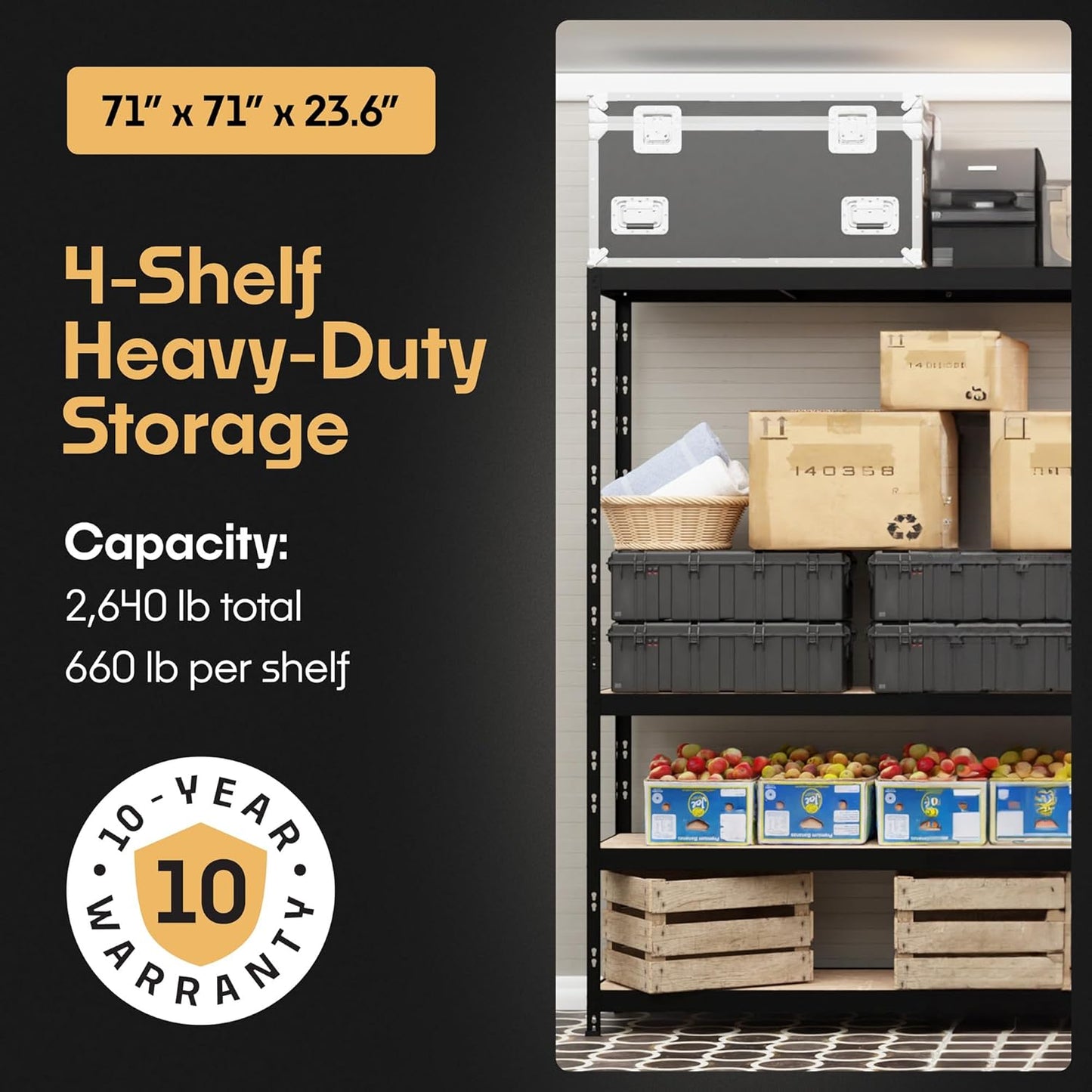 Storage Shelves: 4 Storage Shelves Heavy Duty w/ 2,640 lb Total Load Capacity, 660 per Storage Shelf, 71x71x24 | Adjustable Shelving Unit, Robust Garage Shelving, Extra Long Steel Profiles