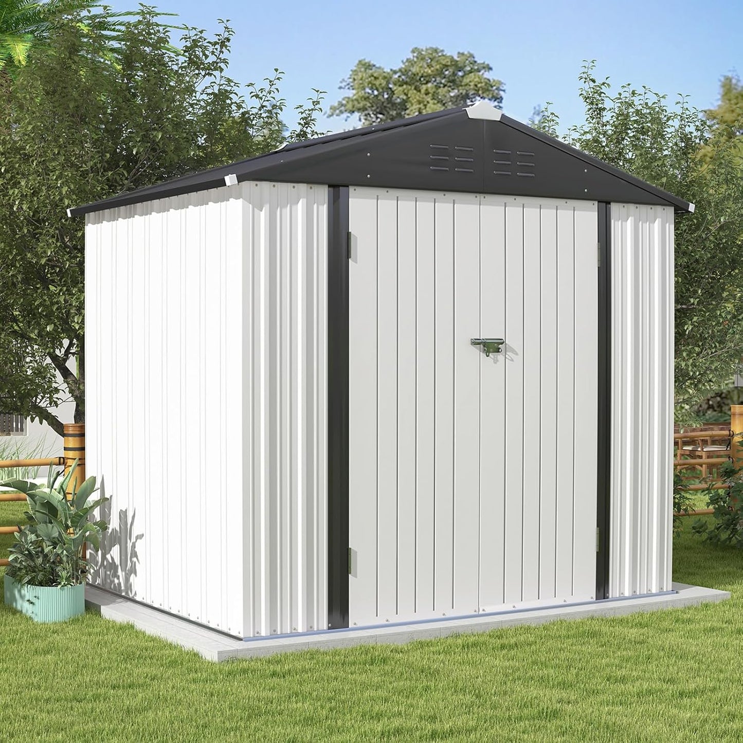 Patiowell Outdoor Storage Shed 8x6 FT, Garden Tool Storage Shed with Sloping Roof and Double Lockable Door, Outdoor Shed for Backyard Garden Patio Lawn, White