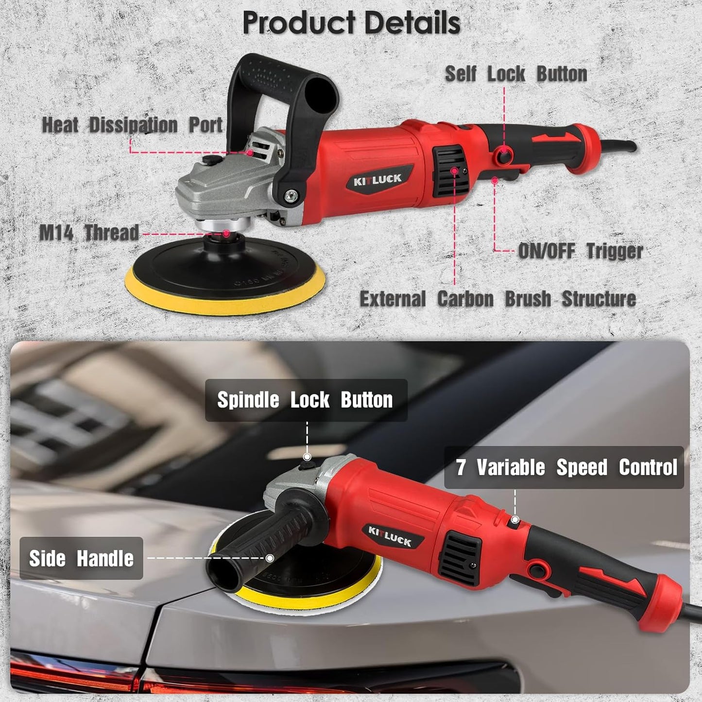 KITLUCK Buffer Polisher, 12Amp 6″/7″ Rotary Polisher for Car Detailing, 1400W 7 Variable Speed Car Buffer Polisher Machine, 800-3500RPM, with Foam Pad, Wool Pad For Car Polishing, Buffing, Waxing