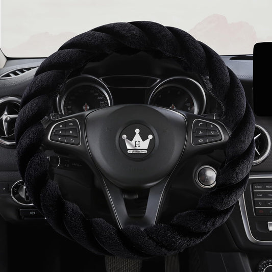Luxury Fluffy Winter Car Steering Wheel Cover for Women Soft Warm Plush Cute Auto Accessories for Vehicle, Sedan, Universal, Fuzzy, Anti Slip, Black, Standard Size, 14.75-15.15"