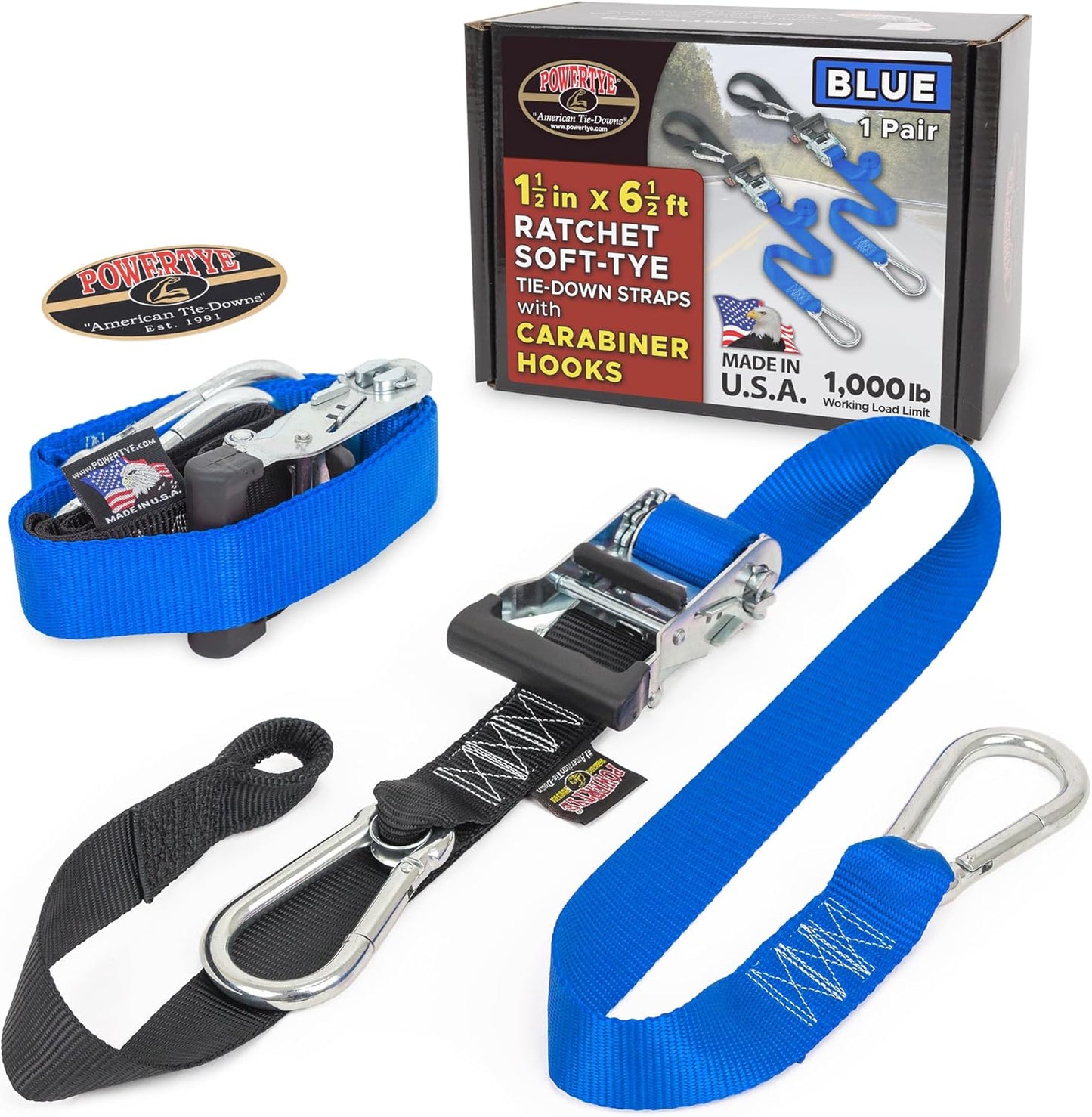 PowerTye 1.5in x 6.5ft Heavy Duty Ratchet Tie-Down Straps with Soft-Tye and Carabiner Hooks - 1,000 lb Working Load Limit / 3,000 lb Breaking Strength - Made in USA - Blue/Black Pair