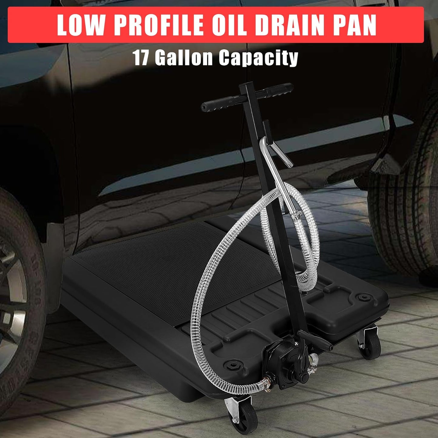 ‌17 Gal Low Profile Oil Drain Pan, Heavy Duty Mobile Oil Changing Pan with Hand Pump, 8 Ft Hose & Quick Drain Valve, Leak-Proof Design for Truck Car Motorcycle, Garage Workshop Use