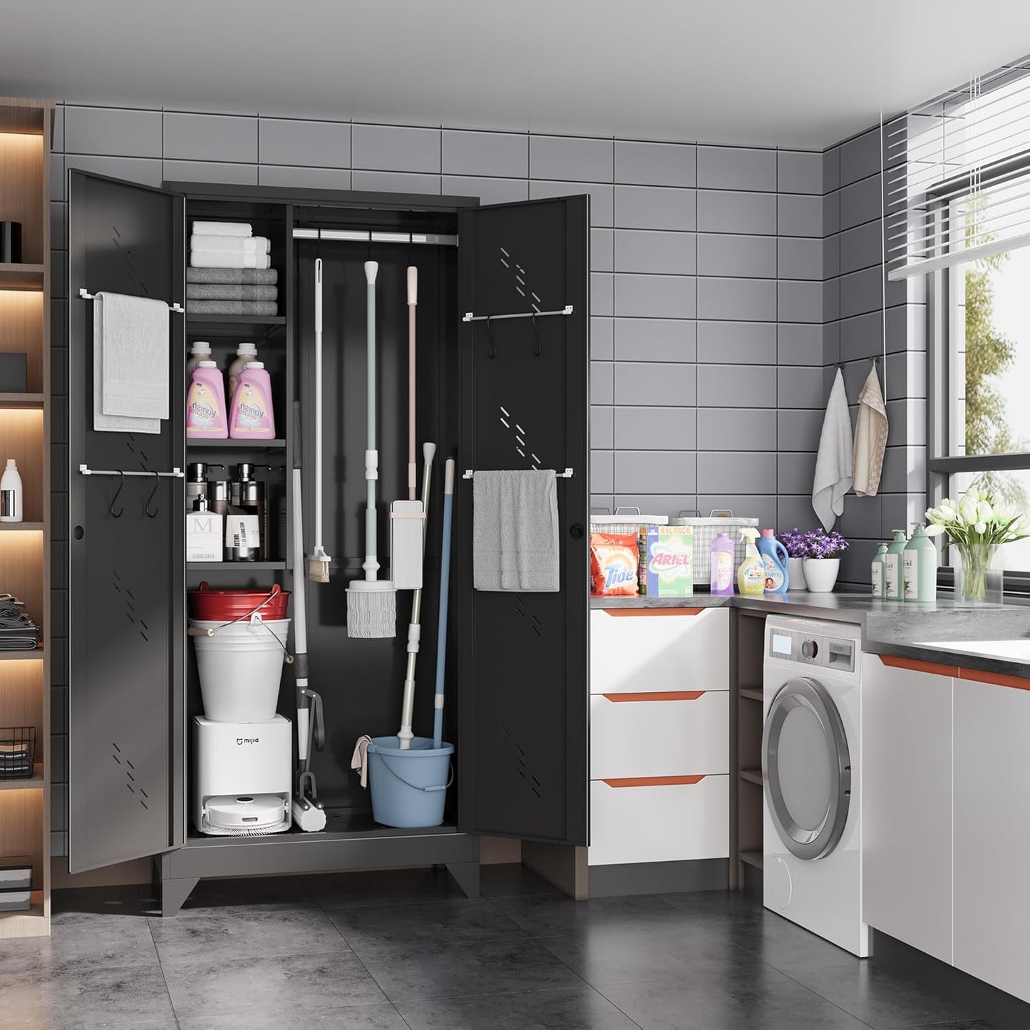 75" Metal Storage Cabinet, Tall Broom Cabinet, Garage Cabinets with Locking Doors, Black Outdoor Utility Broom Closet Storage Cabinets for Office, Bathroom, Warehouses