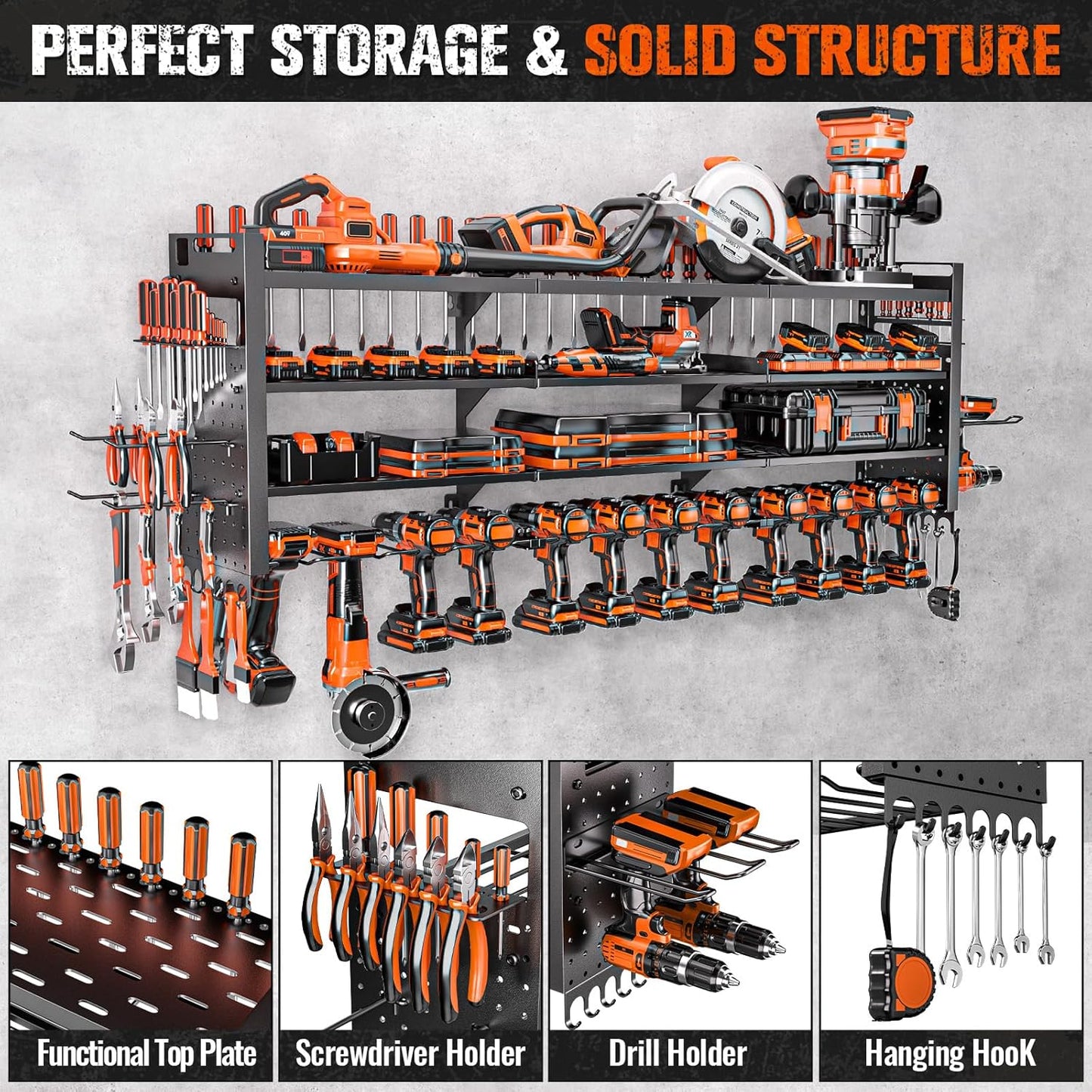 49.8" W Large Power Tool Organizer Wall Mount, Heavy Duty Tool Organizer with 14 cordless Drill Holder, 4 Layers Garage Organization and Storage Rack, Tool Rack for Garage Workshop, Black