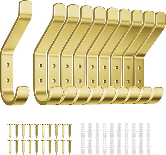 10-Pack Coat Hooks Wall Mounted: 20LB Heavy Duty Hanger for Hanging:Backpack, Towel, Bag, for Closet, Bathroom, Door, Mushroom, Stainless Gold, 3.75"