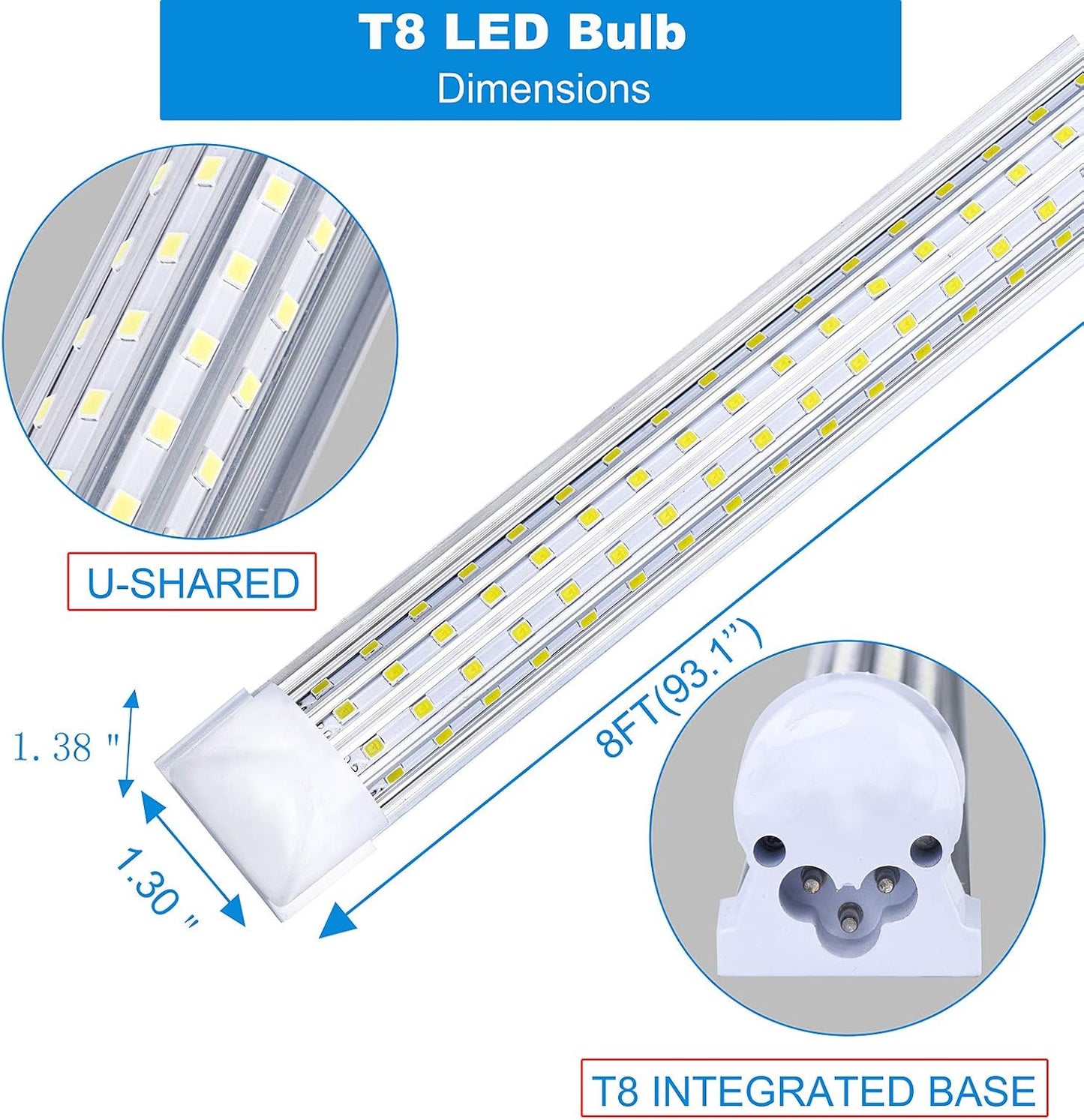 (20-Pack) 8ft LED Shop Light Fixture, 144W 18000LM 6000K, Cold White, U Shape, Clear Cover, Hight Output, Linkable Shop Lights, T8 LED Tube Lights, 8 LED shop lights for garage 8 foot with plug
