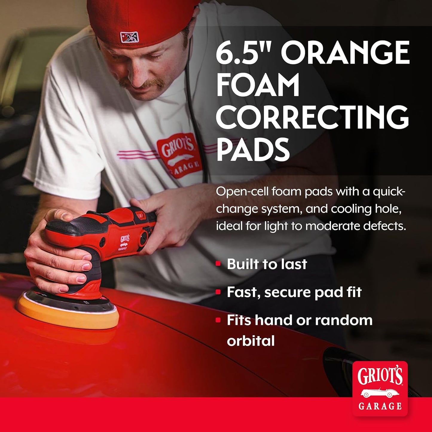 Griot's Garage Orange Foam Correcting Pads for Car Polishing and Detailing, Removes Light to Moderate Paint Defects, Durable, Machine-Washable, 10617, 6.5", Set of 2