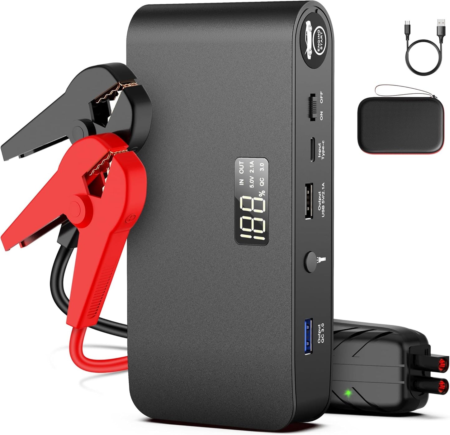 BOOKOO Car Battery Jump Starter, 3000 Amps Jumper Starter for Car 7.2 L Gas | 5.5 L Diesel Engine, Power Bank Battery Backup with USB QC 3.0 | PD 18W Fast Charging,3 Flashlight Modes for Emergency Use
