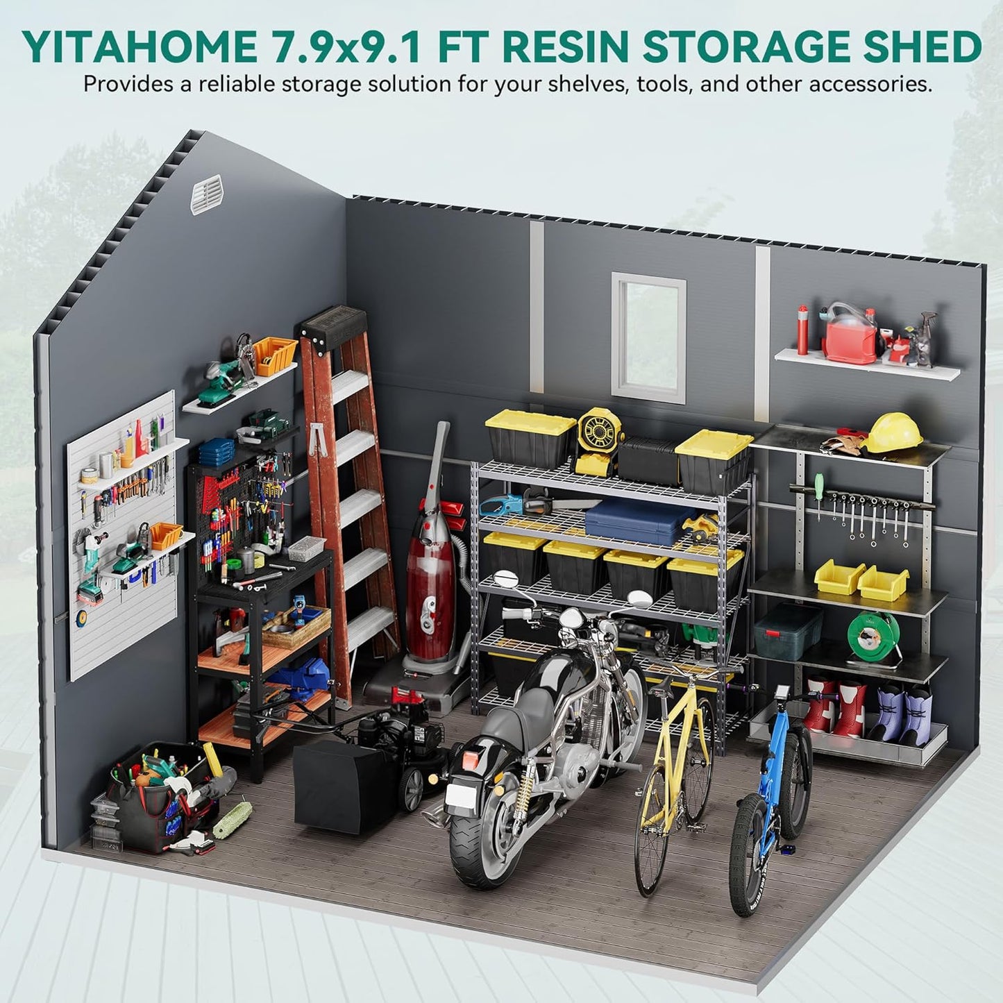 YITAHOME 8x9 FT Outdoor Storage Shed w/o Floor, All-Weather Plastic Shed with Lockable Doors, Window & Vents, Plastic Tool Shed for Backyard, Patio, Poolside, Lawn, Gray