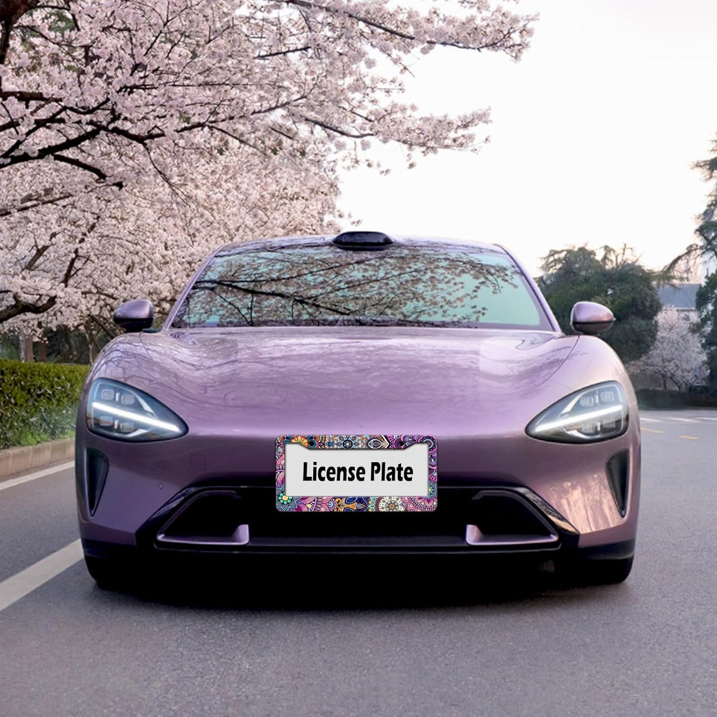 Mandala License Plate Frame, Boho Floral License Plate Holder, Flower Car Tag Holder Metal Aluminum Rustproof Car Accessories for Women Men 2 Holes with Screw Caps