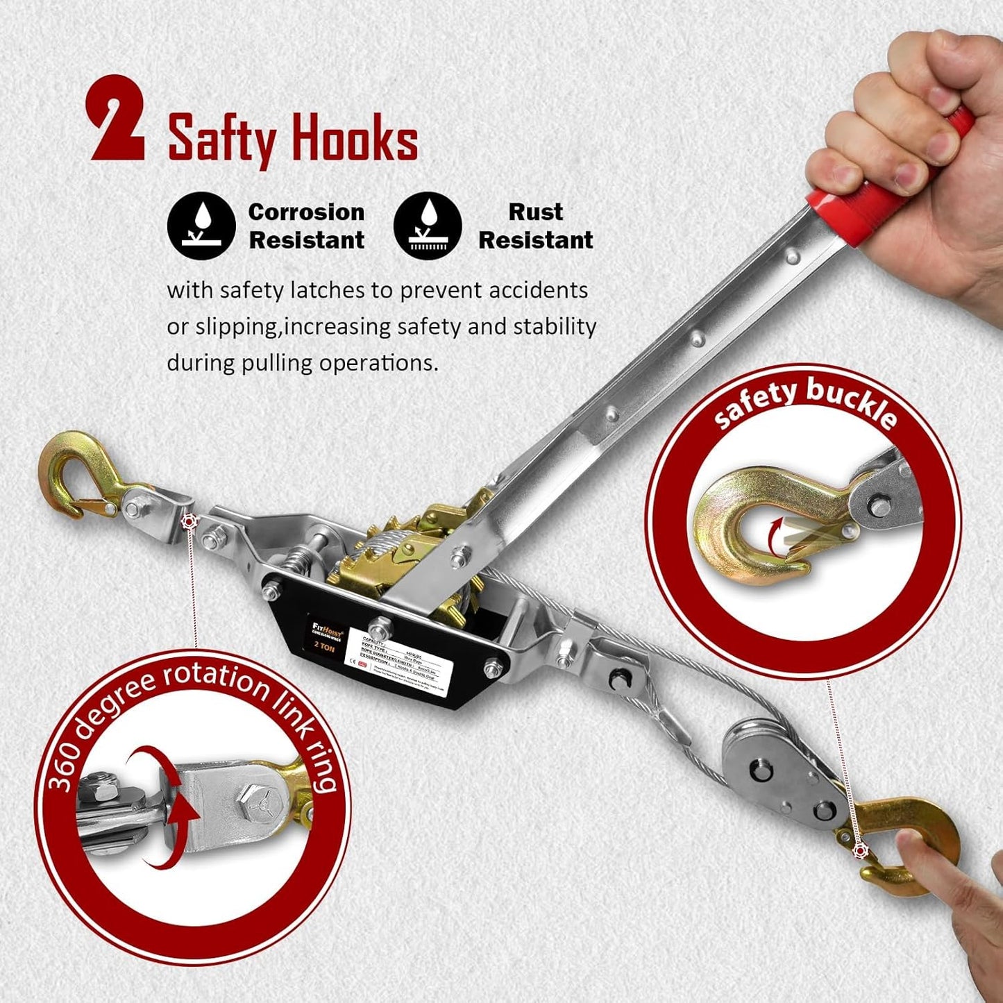 Come Along Winch 2T, Pulling Capacity 12 FT Steel Cable 2 Hooks, with Two 1"x8FT Lifting Straps, Heavy Duty Come Along Tool with Dual Gears, Heavy Duty Hoist Cable Puller for Vehicle Rescue