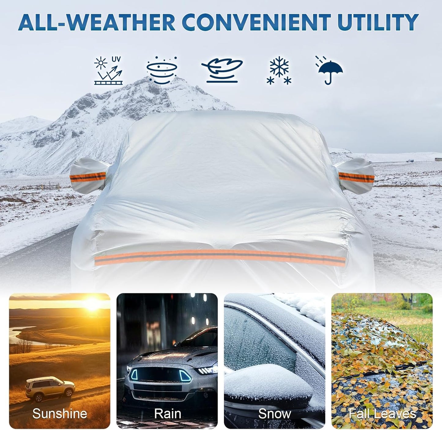 KEYOOG Car Cover, Fit for 188"-198" Length Sedan, 6-Layer All-Weather Waterproof, Universal in All Seasons, Snow Prevention, Rainproof, Acid Rainproof, Sunscreen, Orange Reflective Strip