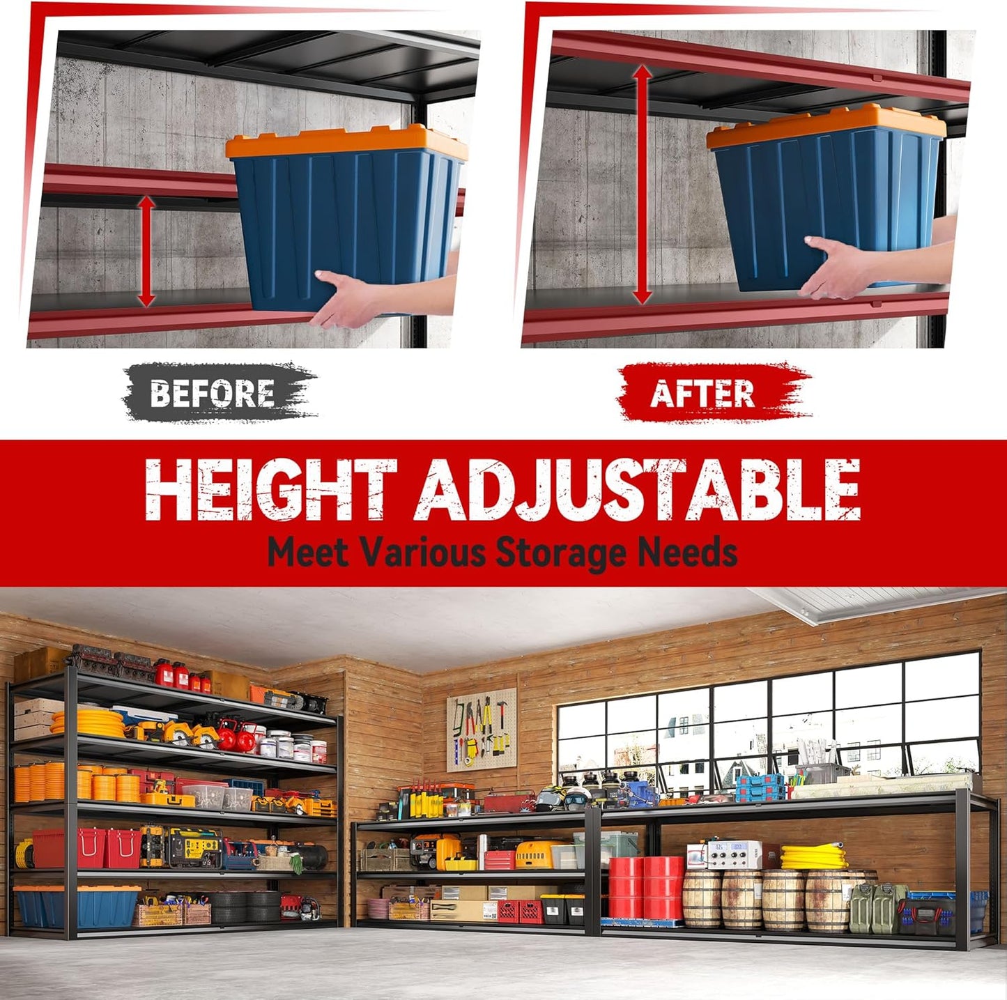 REIBII 78" H Storage Shelves, Garage Shelving Heavy Duty Load 3000LBS, Adjustable Garage Shelving, 5 Tier Metal Shelves Unit for Storage Rack, Basement, 55" W x 26" D x 78" H, Black, 4 Pack