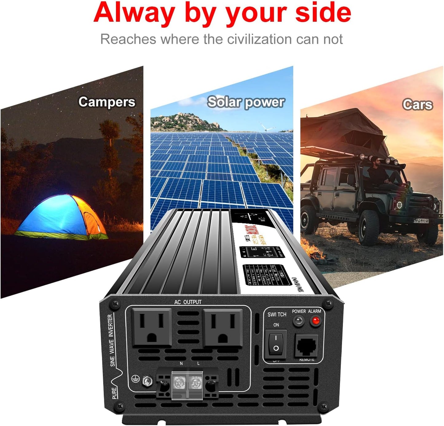 Xijia 3000W (Peak Power 6000W) Pure Sine Wave Power Inverter DC24V to 110V 120V ac Converter 60HZ with Soft Start for car &Camping (DC24V (Range 20V-30V) 3000W)