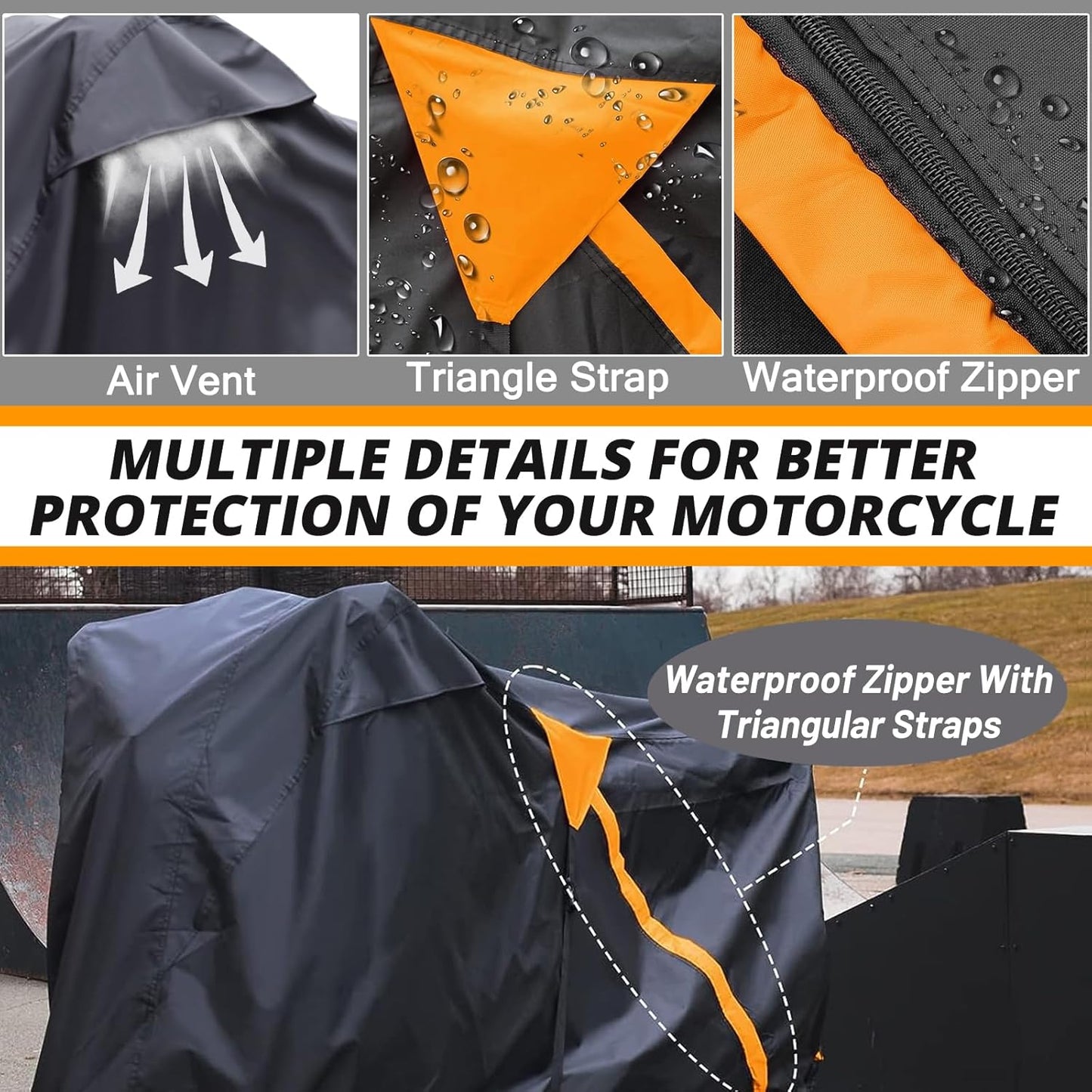 Motorcycle Cover,Waterproof Zipper Outdoor Cover for All Seasons Windproof, High Heat Resistance Dustproof and Rainproof Snowproof(Orange Zipper XL Fits Up to 97 inch)