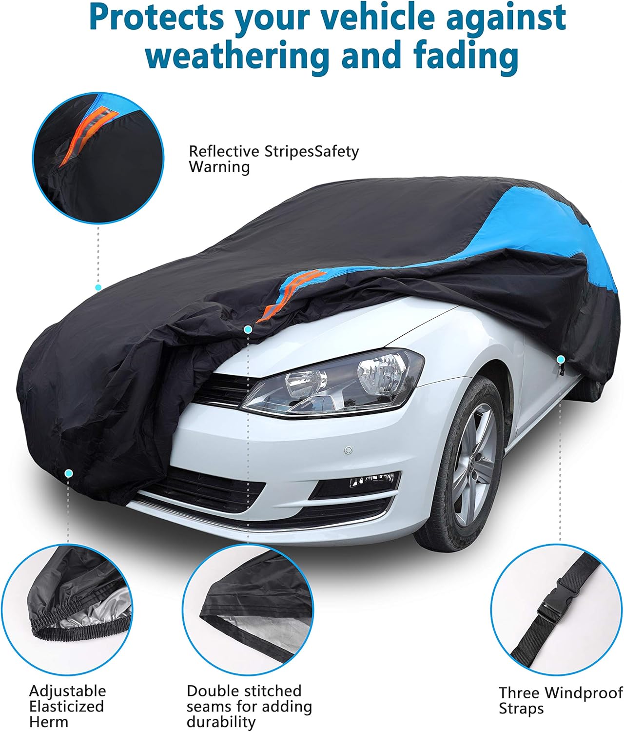MORNYRAY Waterproof Car Cover All Weather Snowproof UV Protection Windproof Outdoor Full car Cover, Universal Fit for Sedan (Blue, Fit Hatchback Length(Up to 173 inch)