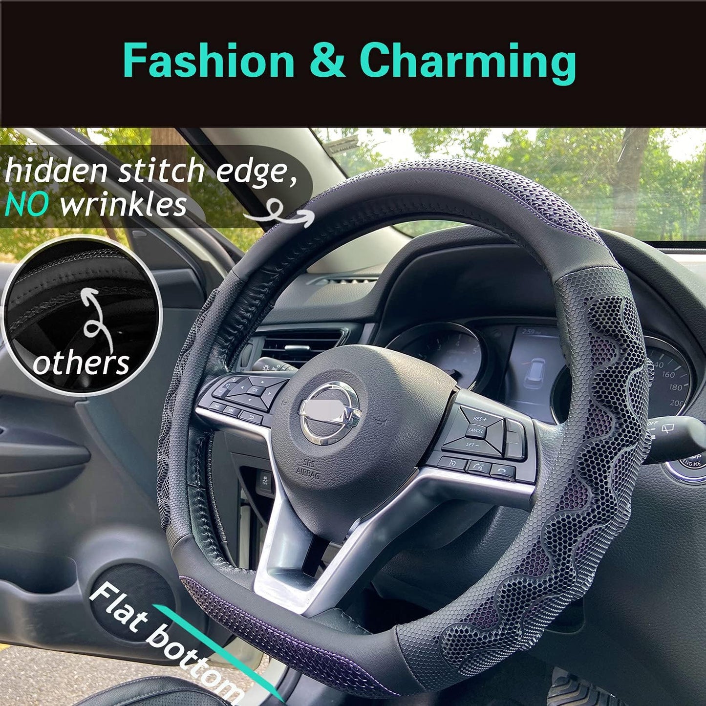PINCTROT D Shaped 14.5-15 Inch Steering Wheel Cover Great Grip with 3D Honeycomb Anti-Slip Design, Flat Bottom 14.5-15 Inch (Purple)