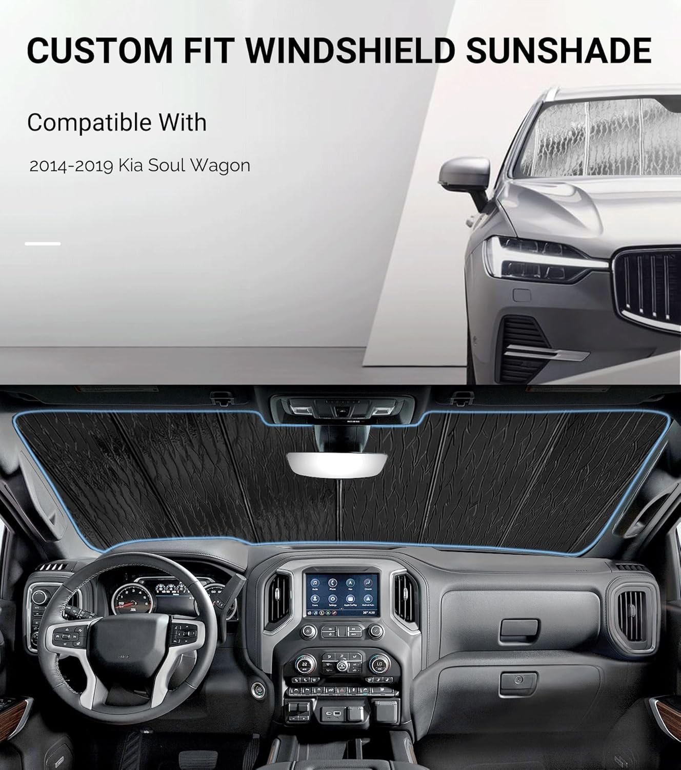 Windshield Sun Shade for Kia Soul Wagon 2014-2019,Front Window Sunshade Shield, 2-in-1 Reflective Sun Shade,Silver for Summer, Black for Winter