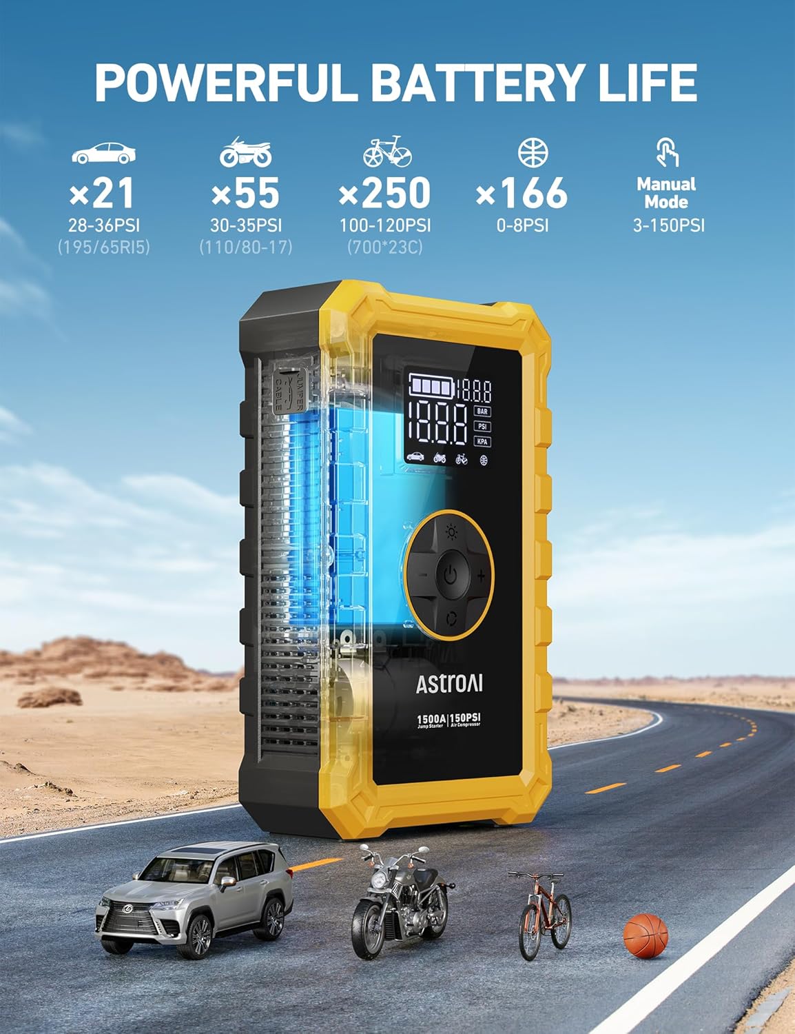 AstroAI S8 Air Jump Starter with Air Compressor, 1500A Car Battery Jumper Starter Portable (6.0 Gas/3.0L Diesel) with 150PSI Cordless Auto-Shutoff Tire Inflator, 12V Battery Charger Booster(Yellow)