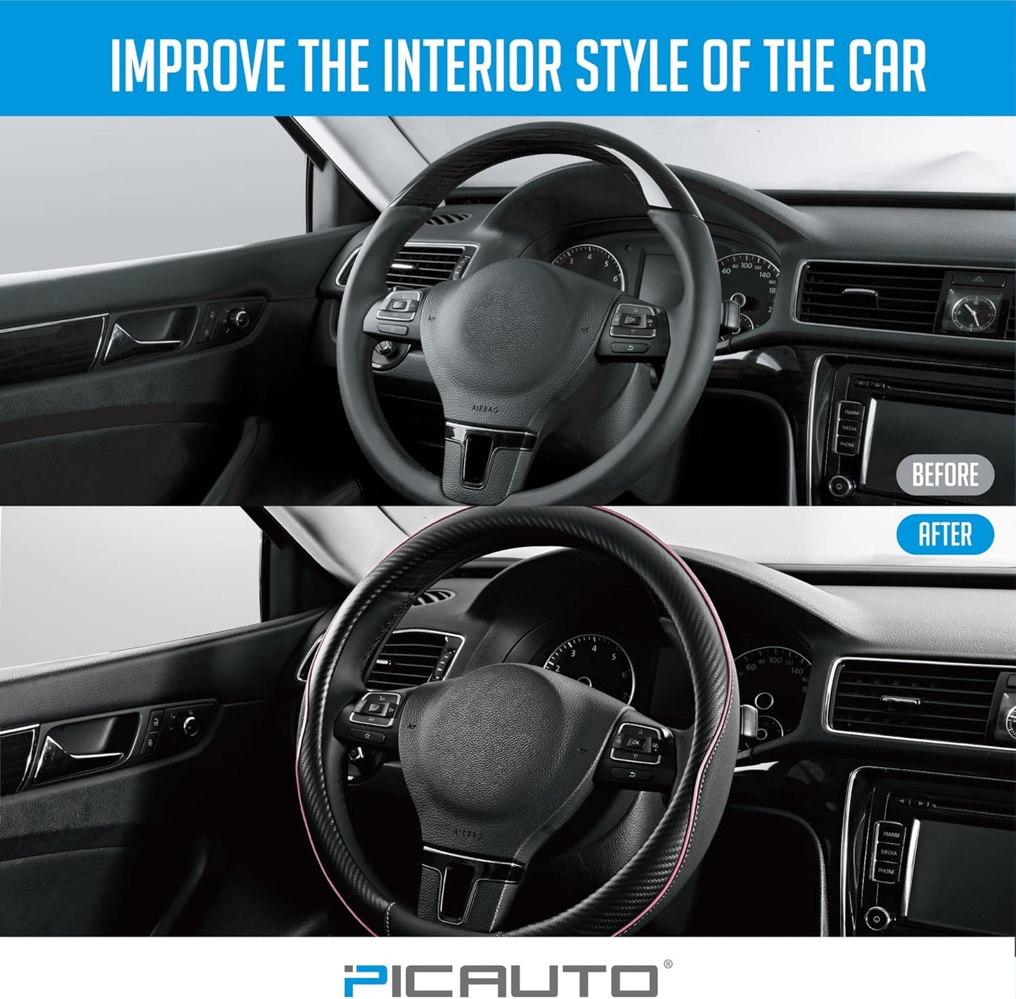 PIC AUTO Steering Wheel Cover, Pink Piping Leather, Sports Carbon Fiber and Super Breathable Leather, Universal 14.5-15.5 Inch Anti-Slip Steering Wheels Accessories for Men & Women