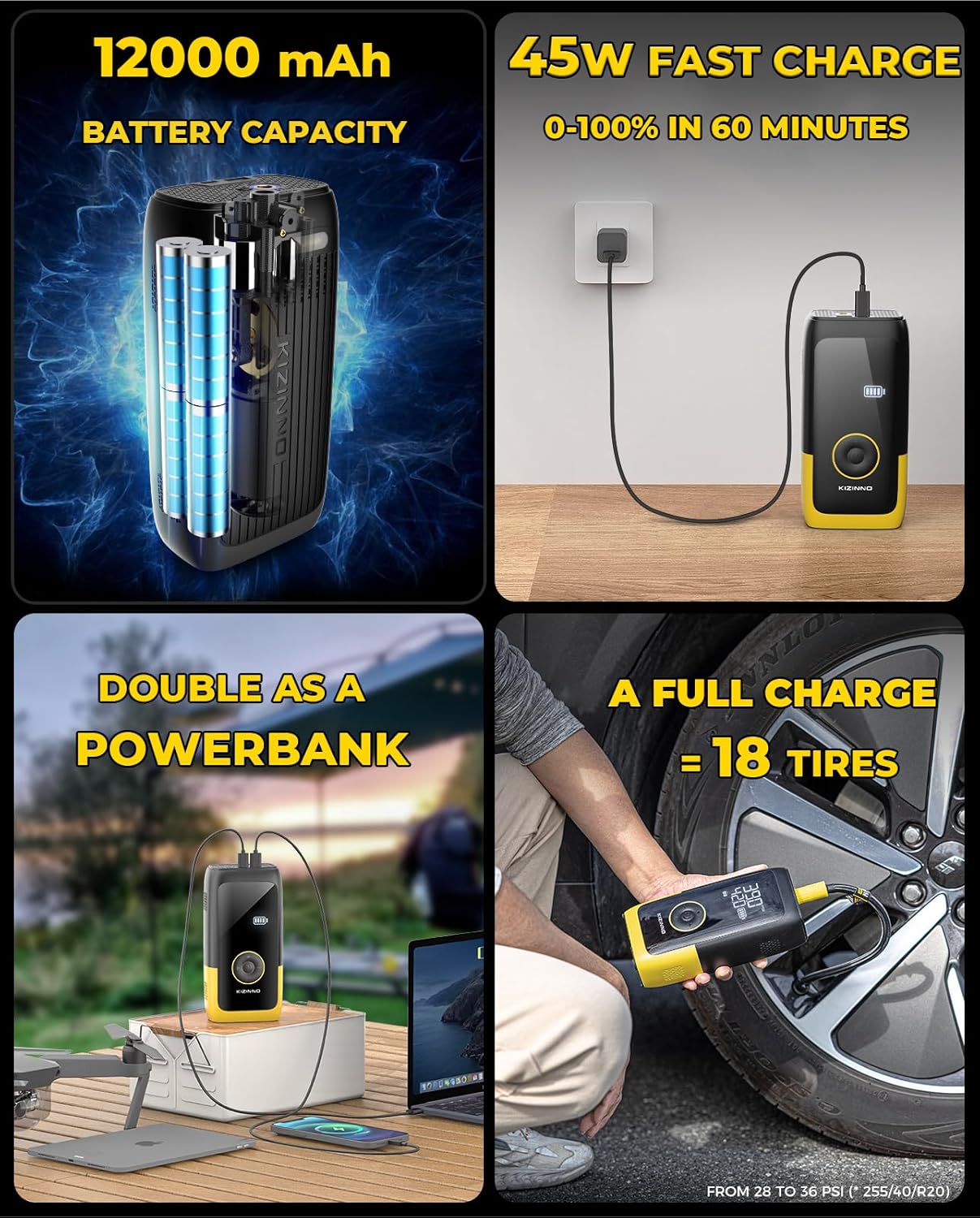 Tire Inflator Portable Air Compressor, Ultra Fast Dual-Cylinder Air Pump for [Pickup & Large Car Tires] with Fine-Tune Mode, Pressure Gauge, 12000mAh&45W Fast Charge fits MPV, SUV, Cars, Motor