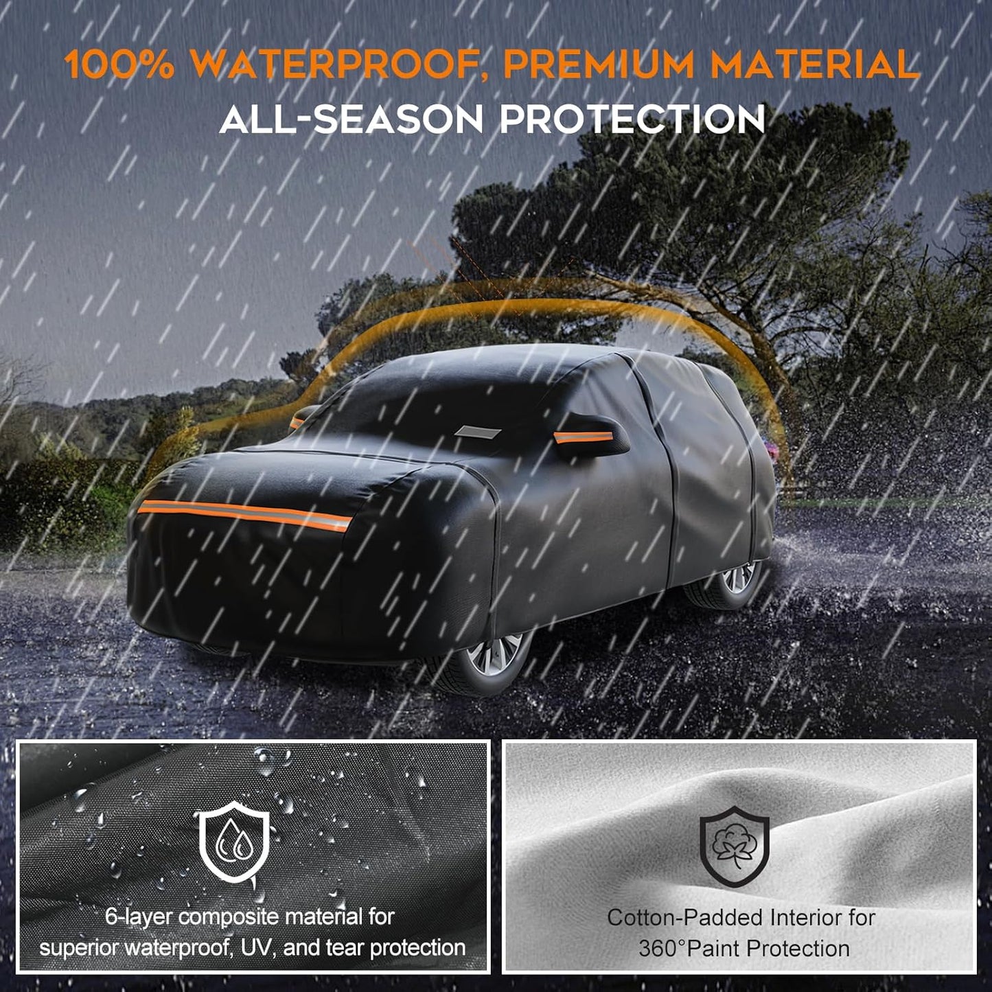 SUV Car Cover Waterproof All Weather for Automobiles，Outdoor Heavy Duty Full Exterior Covers with Zipper Door, Rain Sun Snow Dust UV Protection, Windproof Straps & Reflective Strips(Up to 189")