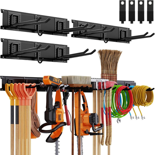 Garage Organzier Wall Mount, 48 Inch Garden Tool Organizer, 16PCS Heavy Duty Garage Storage Organization, Adjustable Tool Storage Rack Hooks, Yard Shed Tool Organizer Hold Max 450 lbs