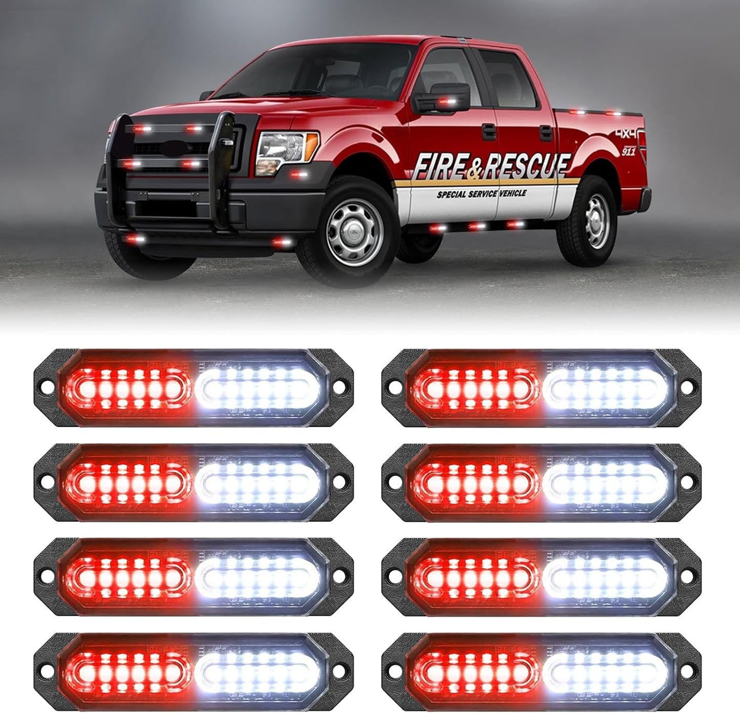 HLauto 1200T Emergency Strobe Grille Lights: 8pcs 12 LED Sync Feature Safety Warning Flashing Lights, Ultra Slim Surface Mount Hazard Caution Lights for Trucks, Vehicles, Car, ATV, UTV (Red White)