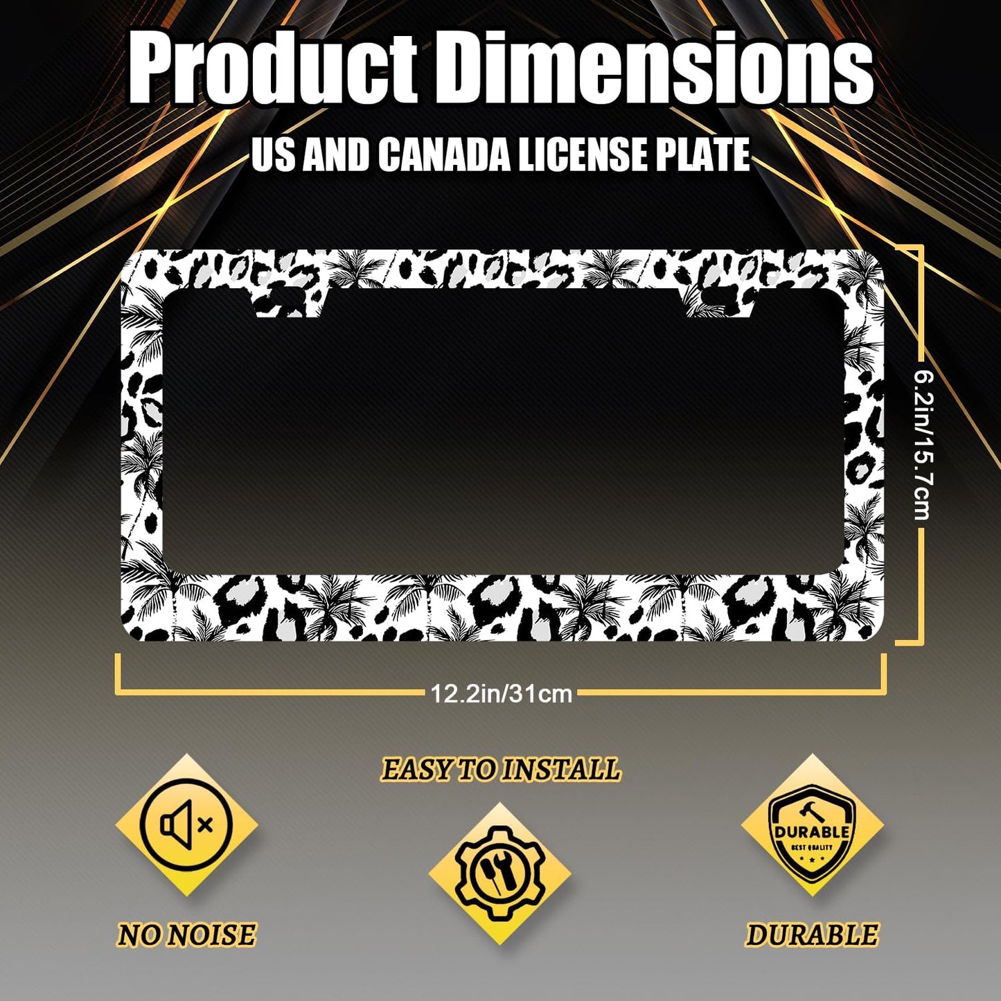 Leopard License Plate Frame Abstract Tropical Palm Trees License Plate Stainless Steel Colorful Car Accessory Funny License Plate Decoration Men Women Size 12.2" x 6.2" with Screws