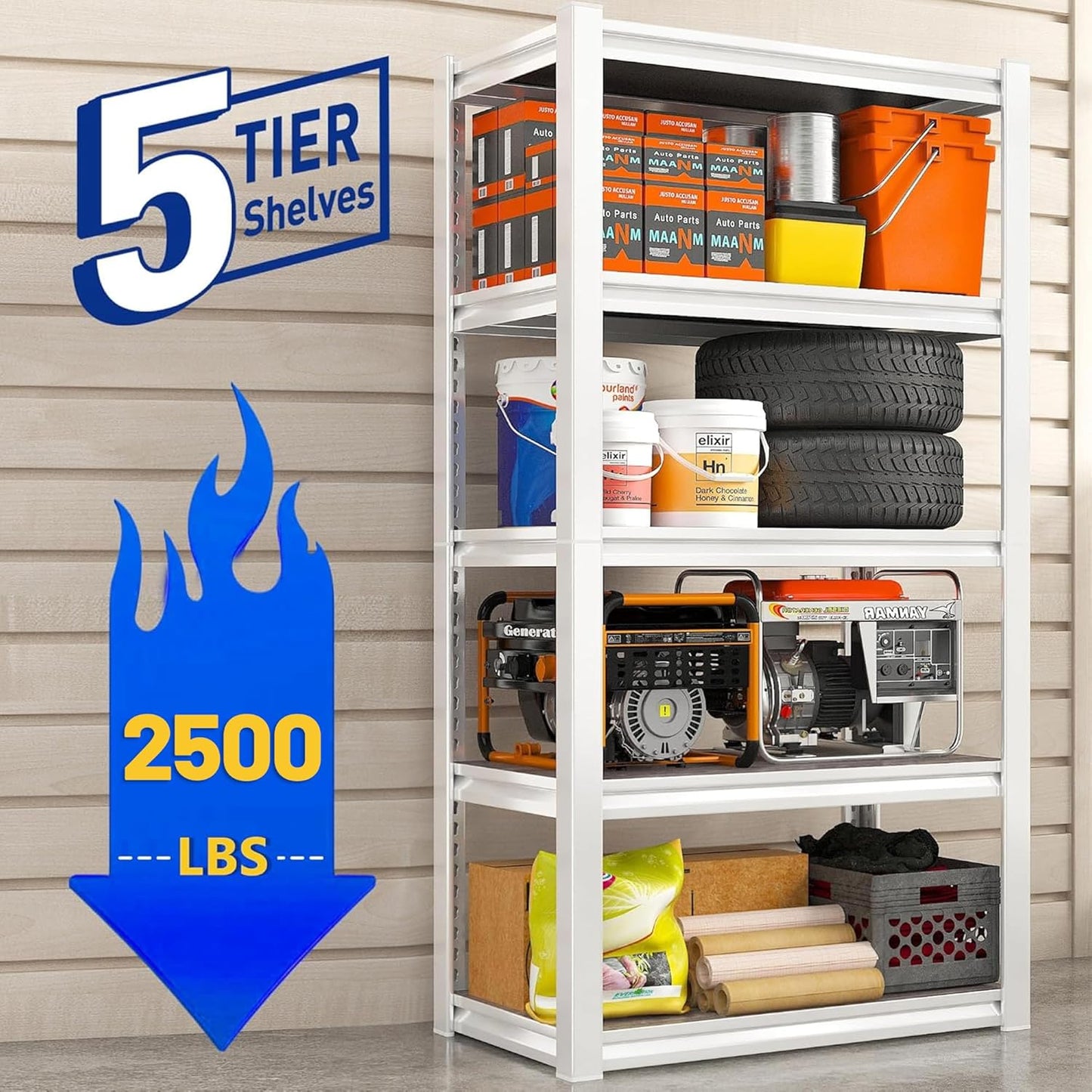 REIBII Storage Shelves 2500LBS Metal Shelving Adjustable Garage Shelving 5 Tier Metal Shelves 60" H White Shelves for Closet Kitchen Pantry 24.4''W X 16.4''D X 60''H