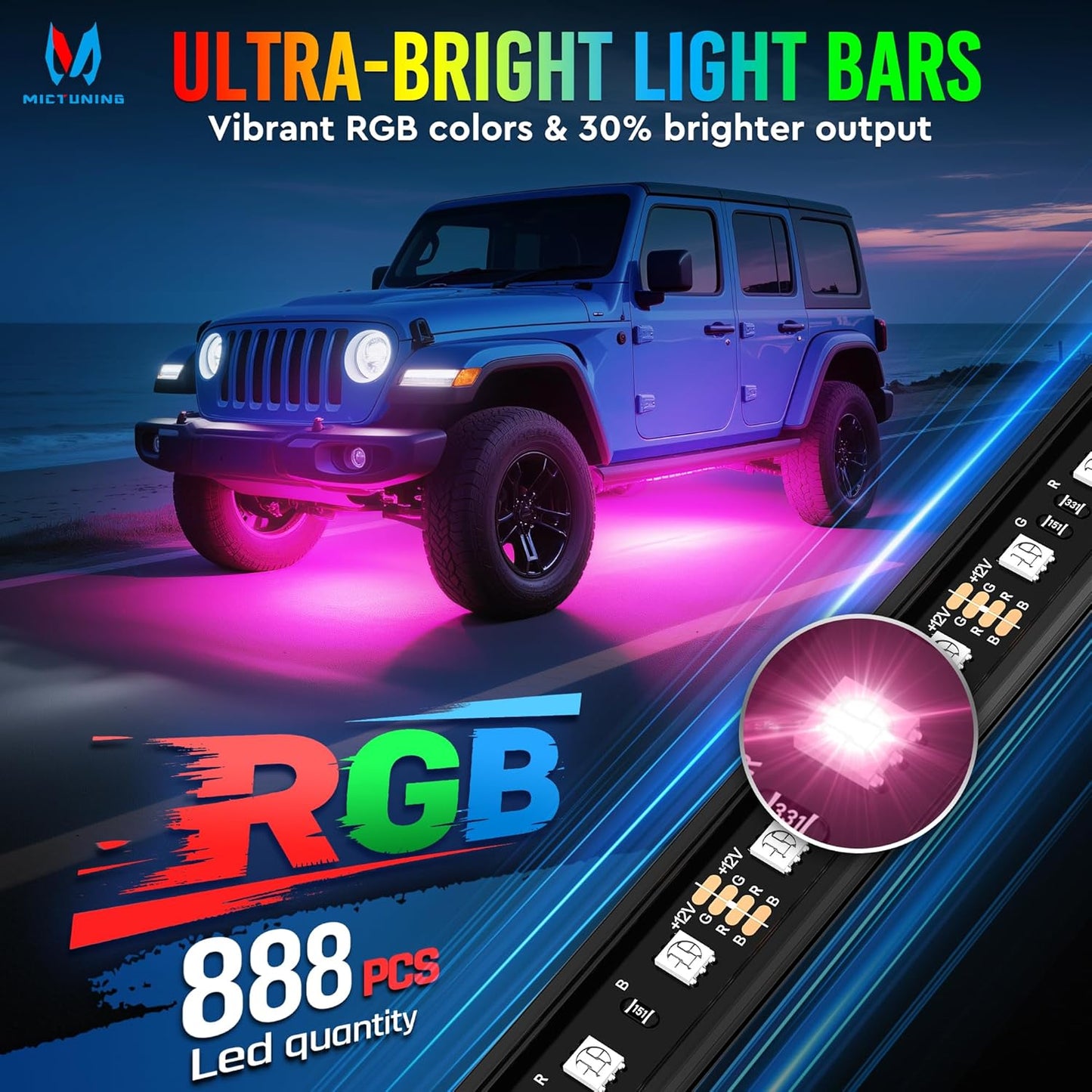 MICTUNING U8 RGB+IC Underglow LED Light Bars (8-Piece Kit) 888 LEDs, Dual Remote Control, Chasing/Fading Modes, IP68 Waterproof Aluminum Housing