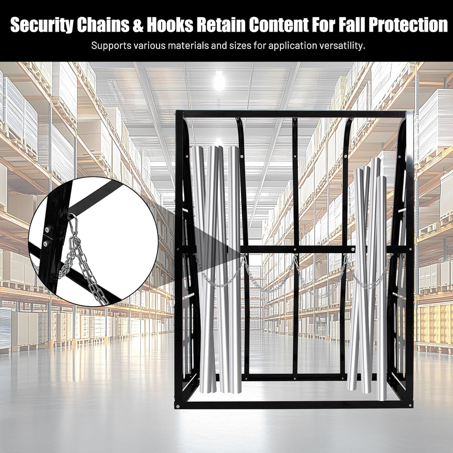 1500LBS Vertical Bar Rack Standing Storage Rack, 47" W x 24" D x 60" H Steel Vertical Long Parts Storage Rack with Galvanized Chains & 2 Side Pegboards, 4 Bays Lumber Storage Rack for Garage Storage