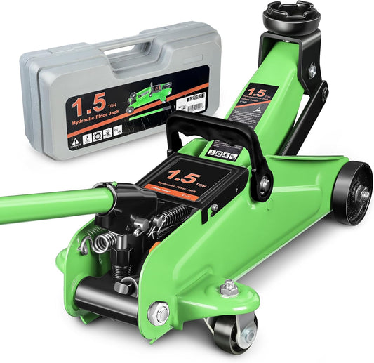 DNA MOTORING Low Profile Hydraulic Trolley Service/Floor Jack, 1.5 Ton (3000 lbs) Capacity, Lifting Range 5.3"-12", Green, TOOLS-00326-GR