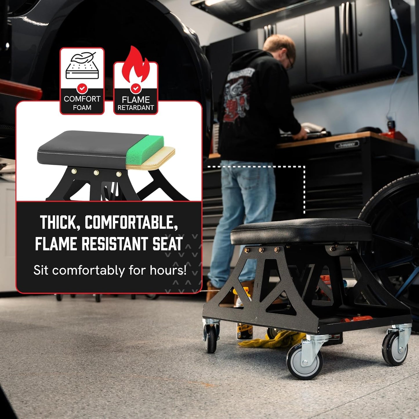 Vyper Low Pro Garage Stool with Removable Seat for Mechanics, Automotive, DIY - 400 lb Capacity Rolling Shop Chair (Black Seat, Blue Frame)