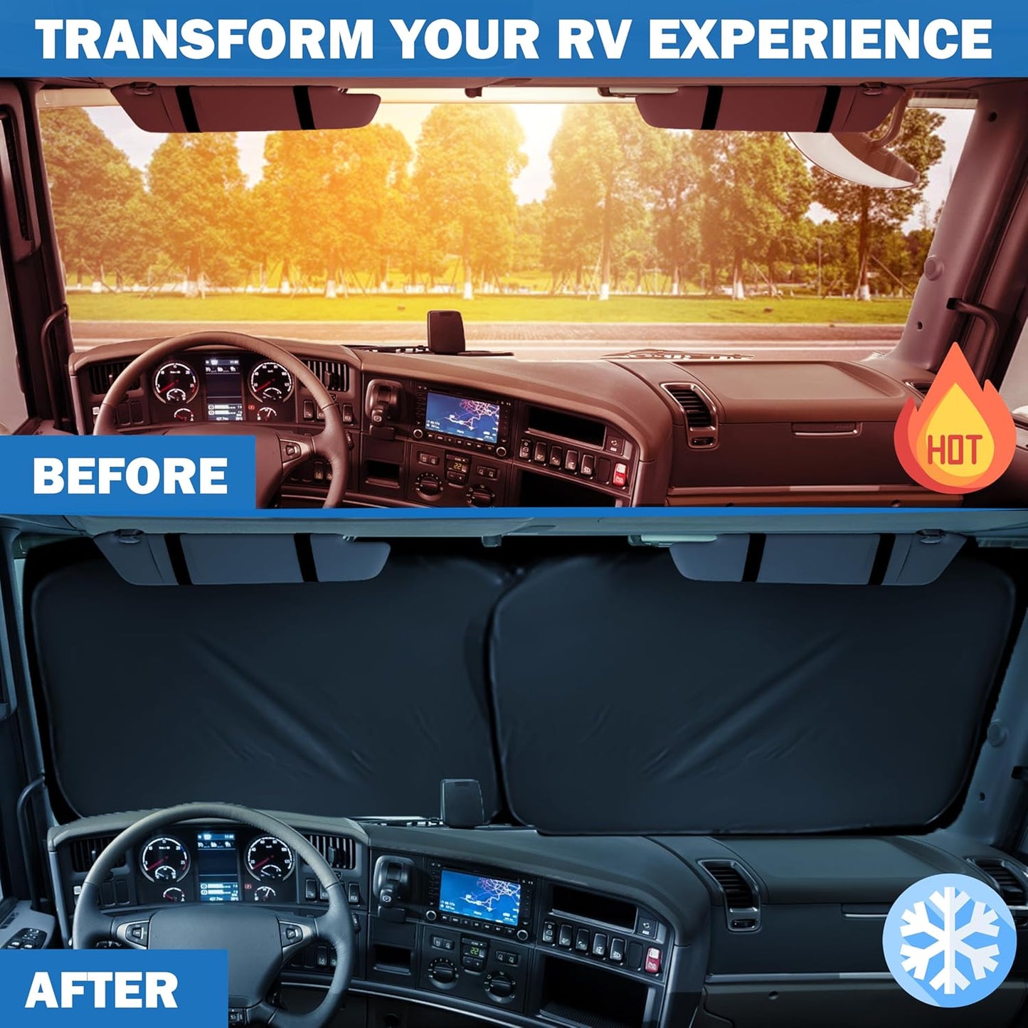 2-Piece RV Windshield Sunshade | Reflective 240T Polyester Front Windshield Shade | Foldable Front RVs, Large Bus, Large Side Window Sun Shade | XXL (41.5" x 50")