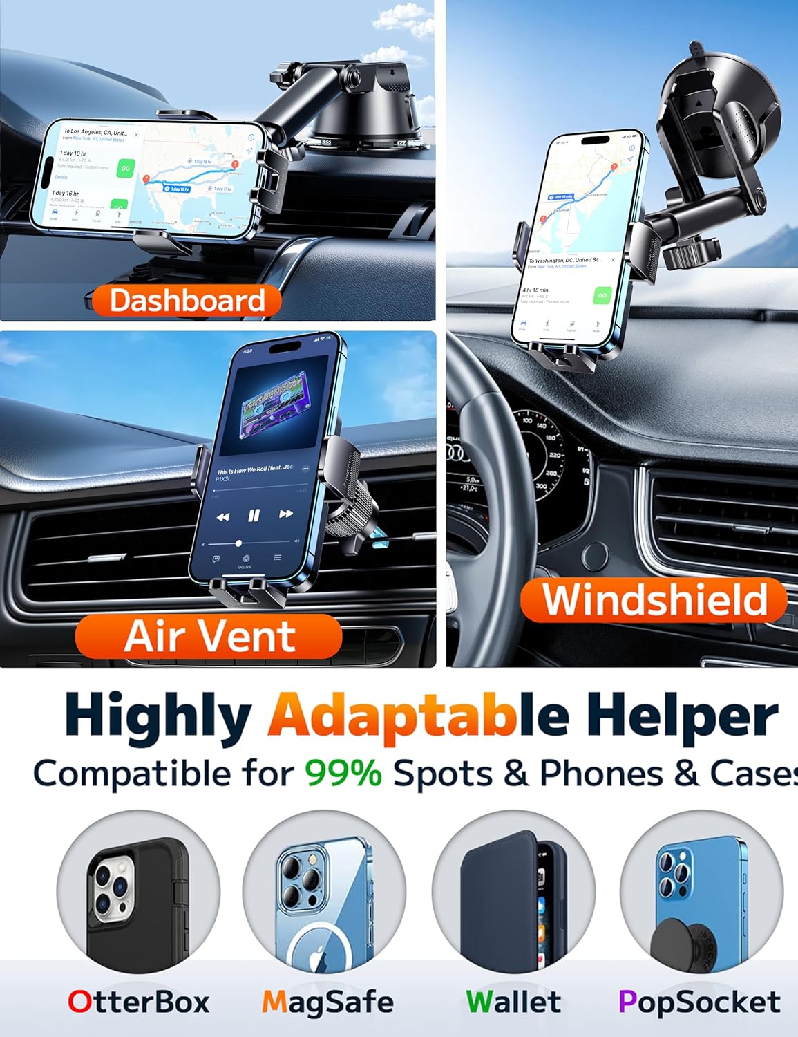 Qifutan Dash Mounted Holders Phone Holders for Your Car Phone Mount for Car Windshield Dashboard Air Vent Universal Hands Free Automobile Cell Phone Holder Fit for iPhone Smartphone