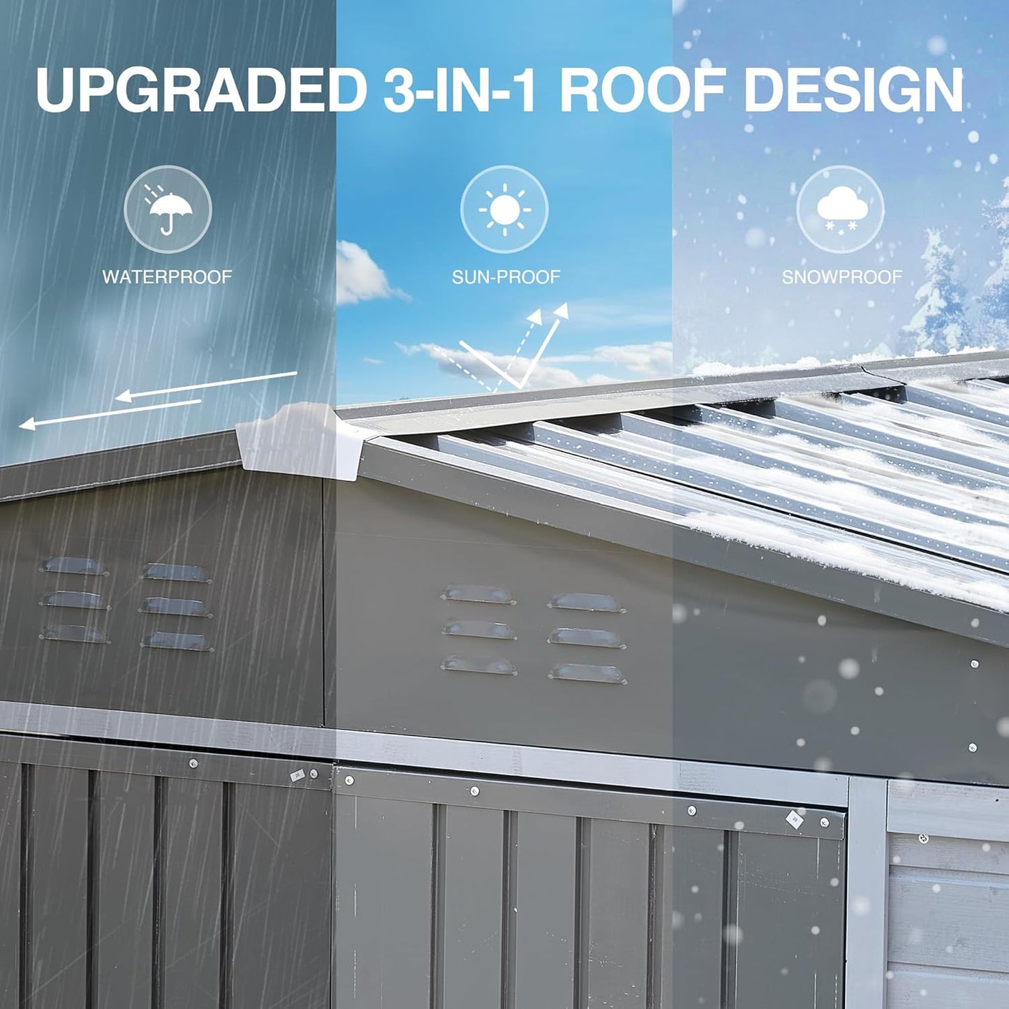 8x8 FT Outdoor Storage Shed with Windows, Wood & Metal Garden Shed, Outside Storage Shed Waterproof for Backyard, Garden, Patio, 4 Vents (Without Floor) Gray