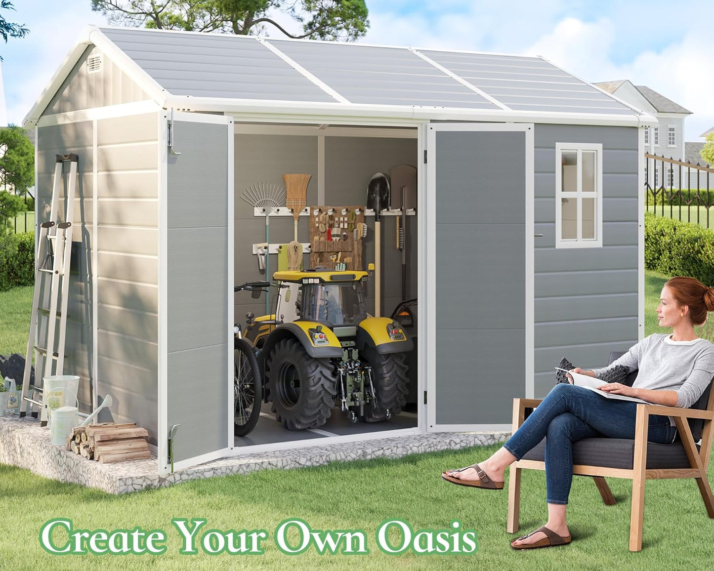 10.5x7.6x7.5 ft Outdoor Resin Storage Shed with Floor, Windows & Air Vents, Large Waterproof Tool Shed for Garden, Backyard, Lawn Equipments & Bikes, Grey