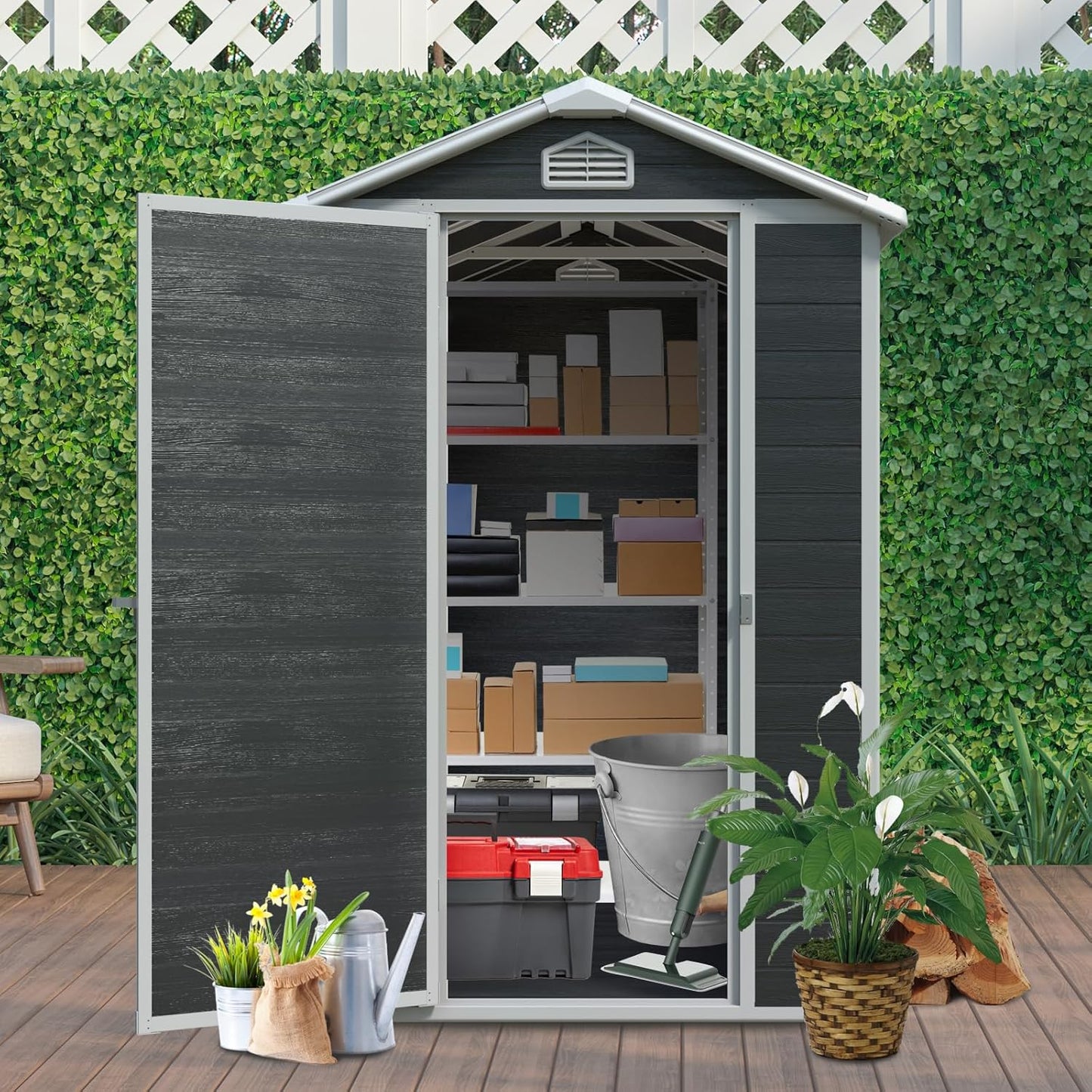 4x6 FT Outdoor Storage Shed, Resin Garden Shed with Thick Floor, Plastic Storage Shed with Window, Waterproof Outside Tool Shed with Lockable Hinged Door for Backyard, Patio, Lawn, Black