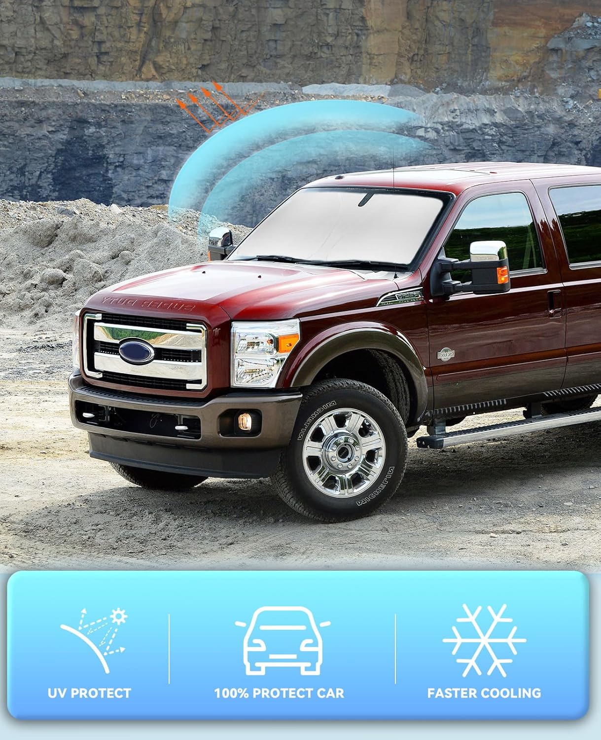 Windshield Sun Shade for 2008-2015 2016 Ford Super Duty F250 F350 F450 F550 Foldable Sunshade Front Windshield Cover for F350 Window Sun Visor Protector for UV Ray Sun Heat Protection Car Accessories