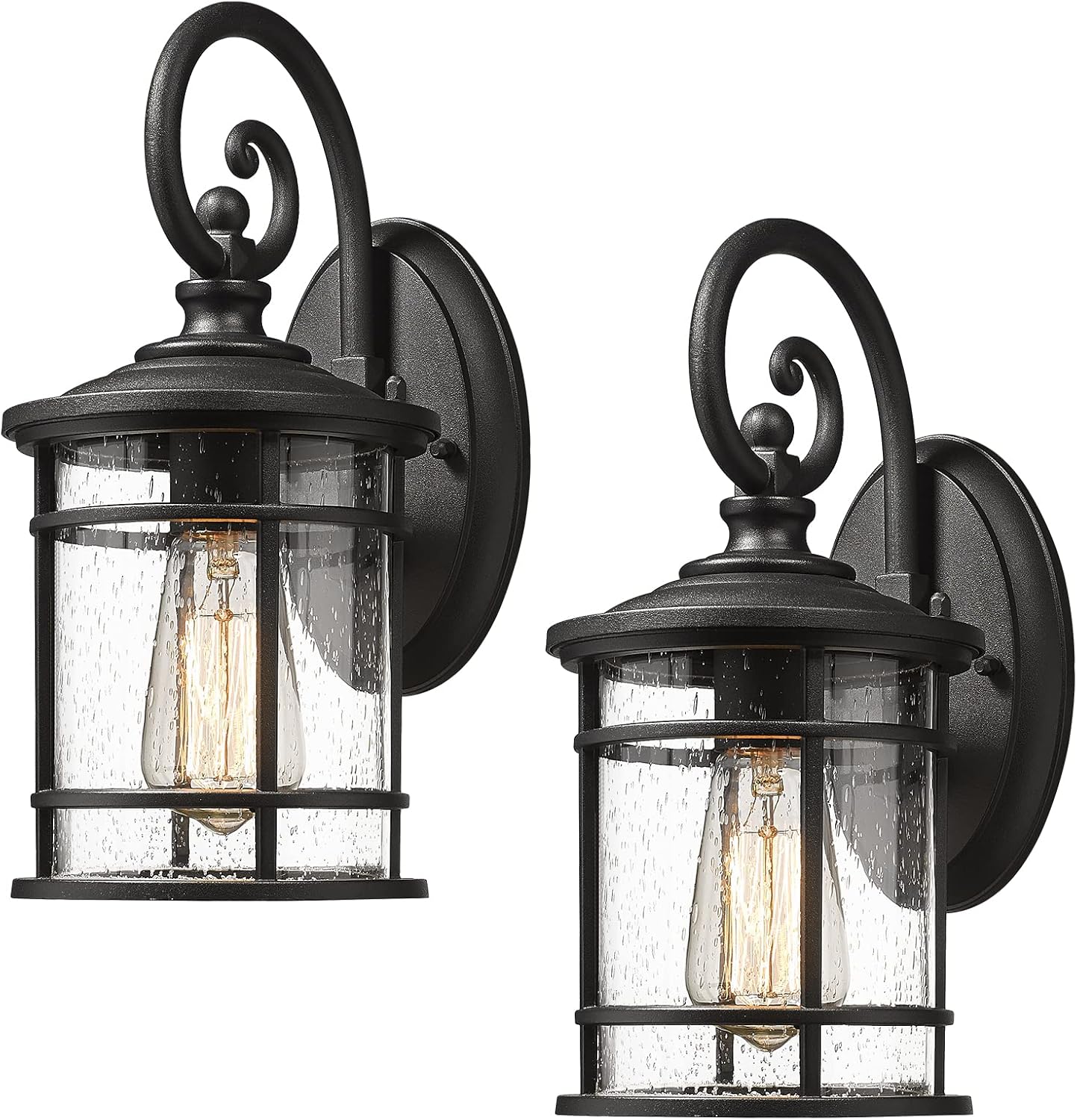 Emliviar Modern Porch Lights 2 Pack - Outdoor Wall Light Fixtures Wall Mount for Garage, Black Finish with Seeded Glass Shade, XE229B-S-2PK BK