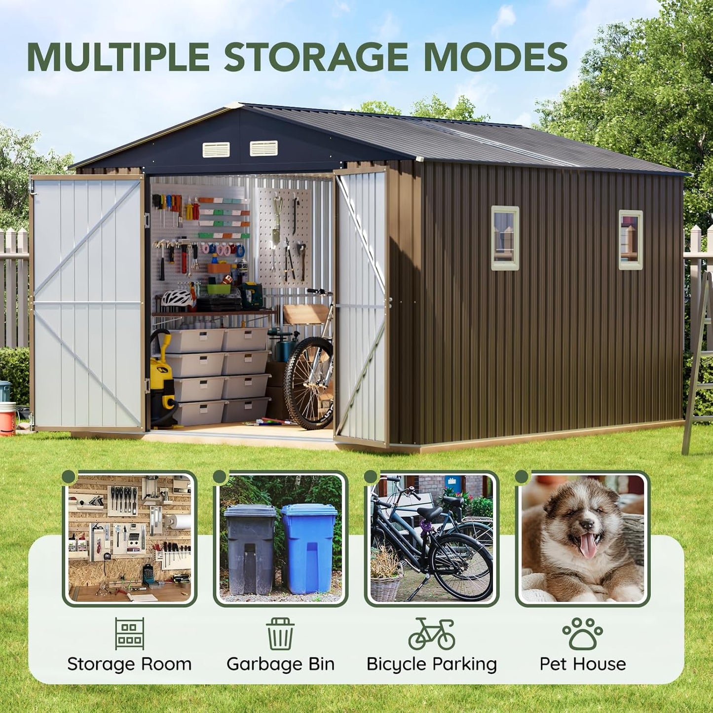 10x12 FT Outdoor Metal Storage Shed with Floor Frame, Double Swing Doors, 2 Clear Windows, Replaceable Skylight Roof Panel, Tool Shed for Garden, Patio, Backyard Brown