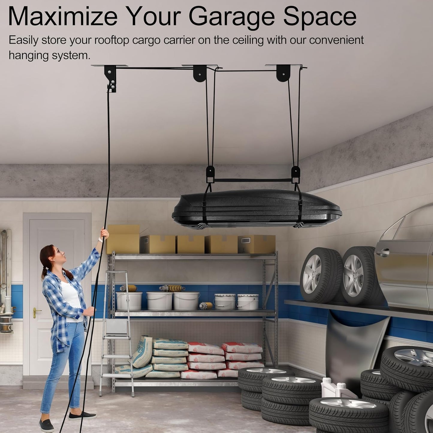 2025 Upgrade Cargo Box Garage Pulley System, Garage Ceiling Hoist Heavy-Duty Holds up to 150 lbs Capacity, Fit 10-14 Foot Ceilings, Black