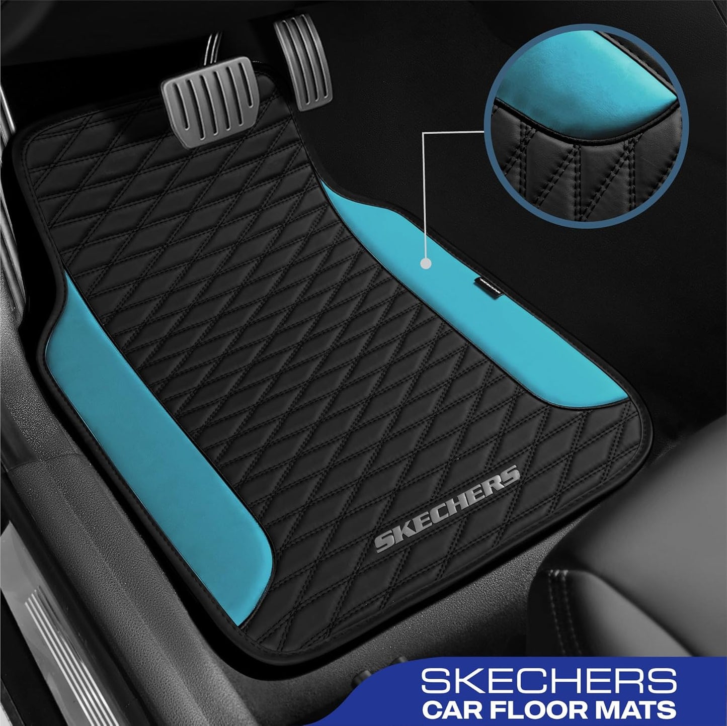 Skechers Leather Car Floor Mats with Anti-Slip Pad, Universal Waterproof Fit Automotive Floor Mats for SUV, Vans, Sedans, Trucks - Full Set 4pcs Blue