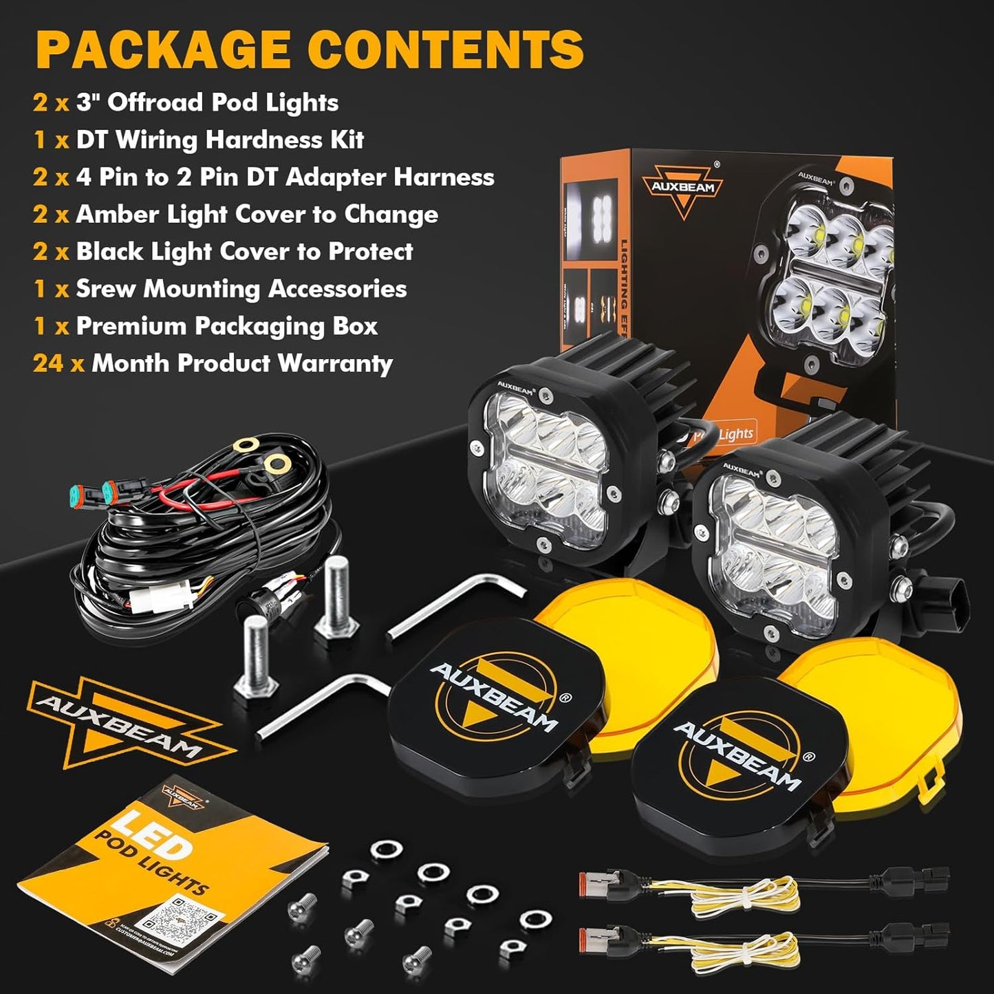 Auxbeam XP-Ultra Series 3 Inch LED Pod with DRL & Turn Signal 84W 9600LM Spot Flood Combo Ditch Lights Offroad Driving Amber Fog Light Bar with Black & Yellow Light Covers, Pair