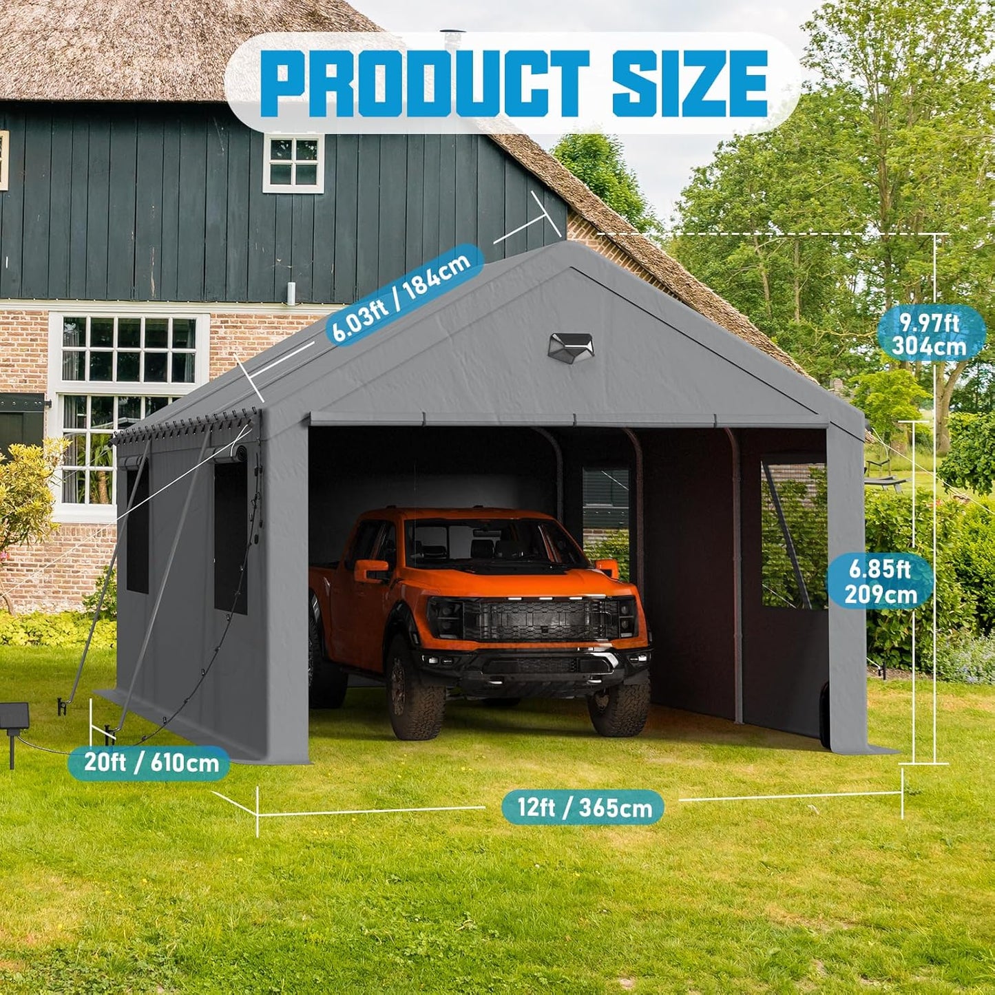 12x20 Carport, Heavy Duty Carport Canopy Garage with Removable Sidewalls and Drive Through Roll Up Zipper Doors, Grey